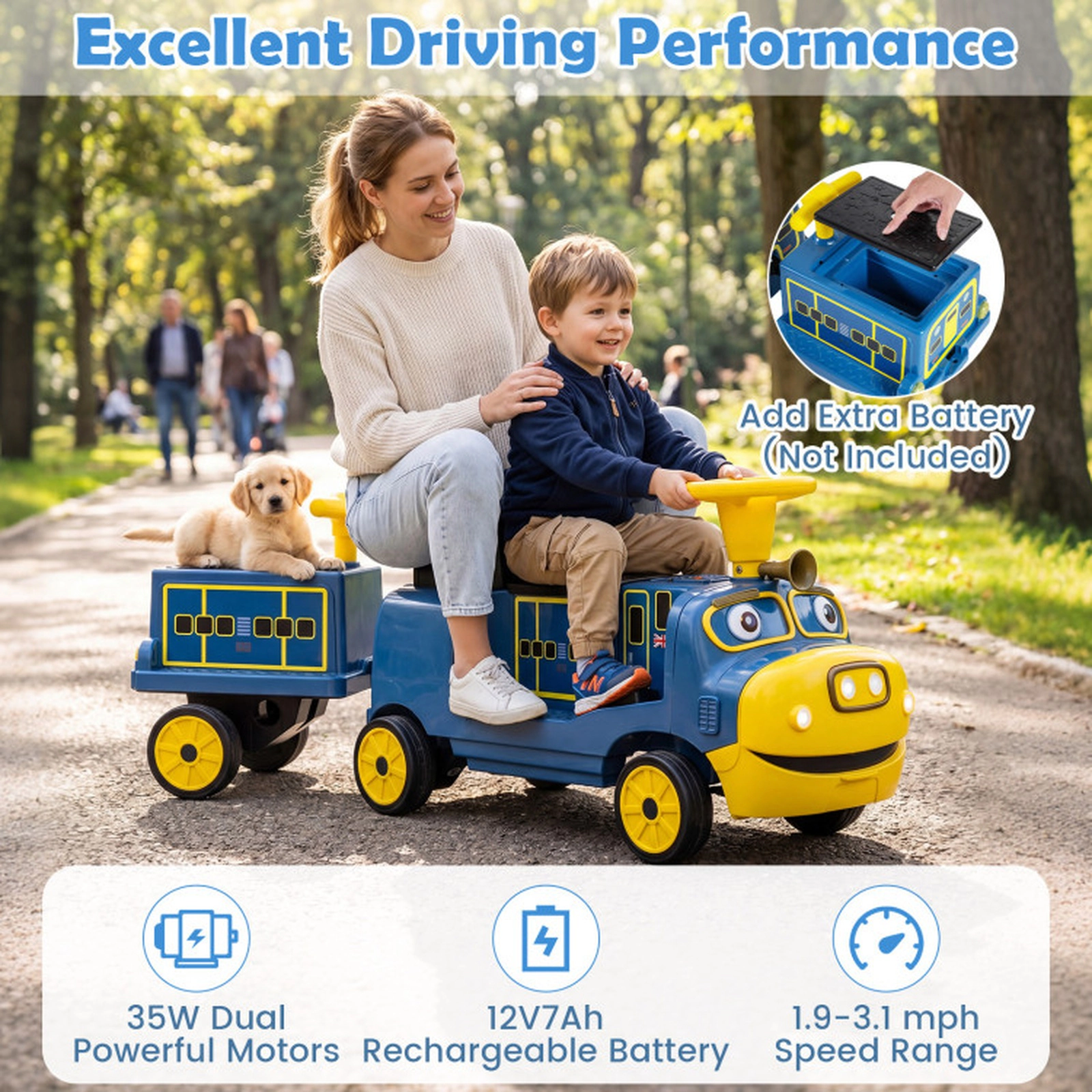 SUGIFT 12V 3-Seater Kids Ride-On Train with Detachable Carriage 132-lb Seat Capacity Ages 3+ Yellow & Blue/Red & Black