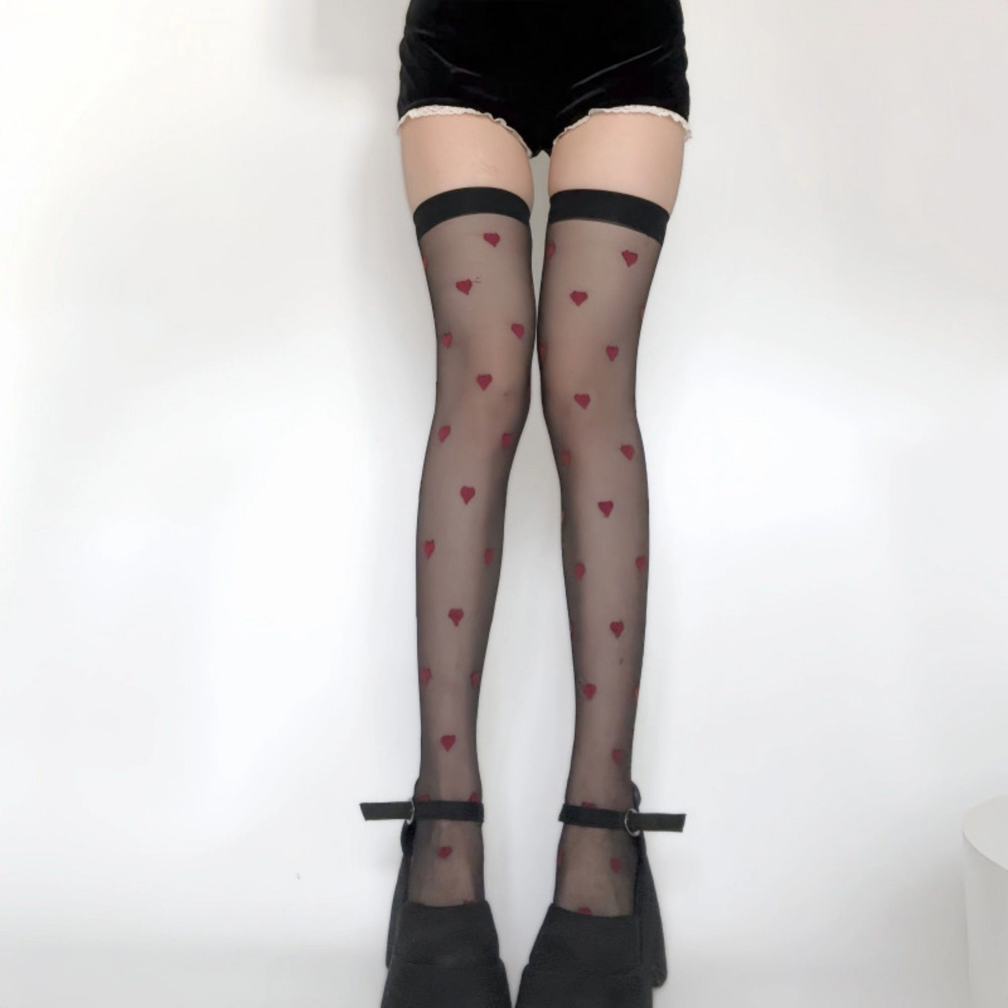 Anna-Kaci Women's Sheer Heart Pattern Mesh Over-the-Knee Stockings