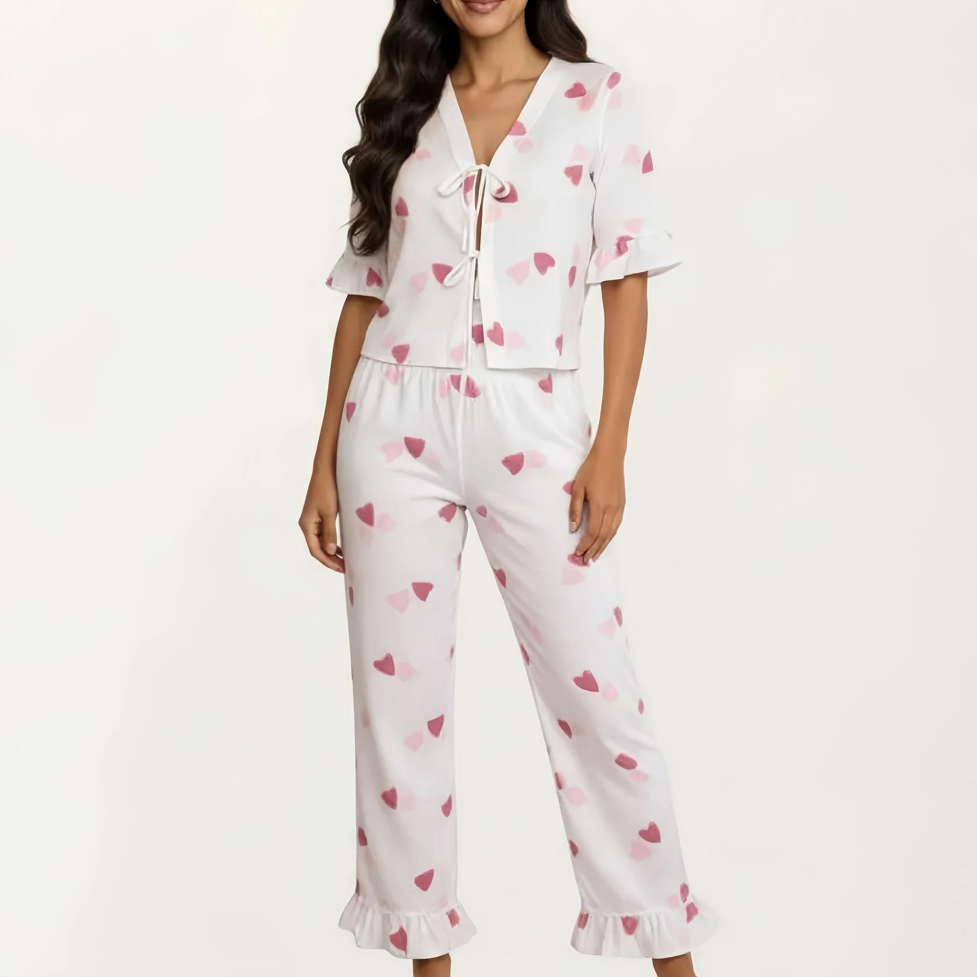 Anna-Kaci Women's 2-Piece V Neck Tie Front Pajama Top with Ruffle Sleeve Detail and Relaxed Fit Pants