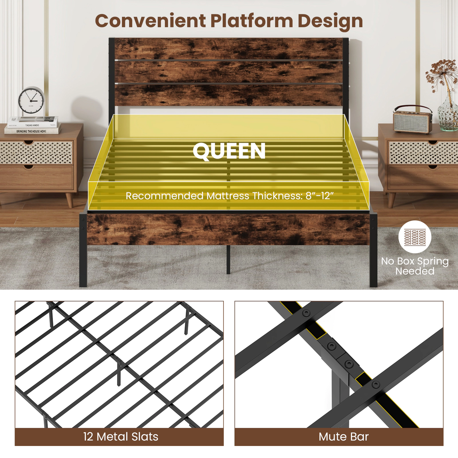 SUGIFT Queen Size 1100-lb Bed Capacity Metal Platform Bed Frame with Slatted Headboard and Mute Bar Rustic Brown