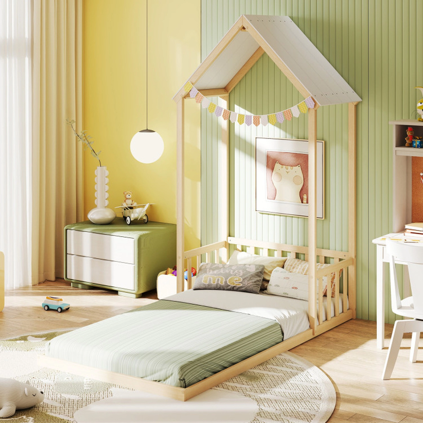 SUGIFT Natural Pitched Roof Semi-Fence and Anti-Toppling Kit Pine Wood Twin Kids House Floor Bed