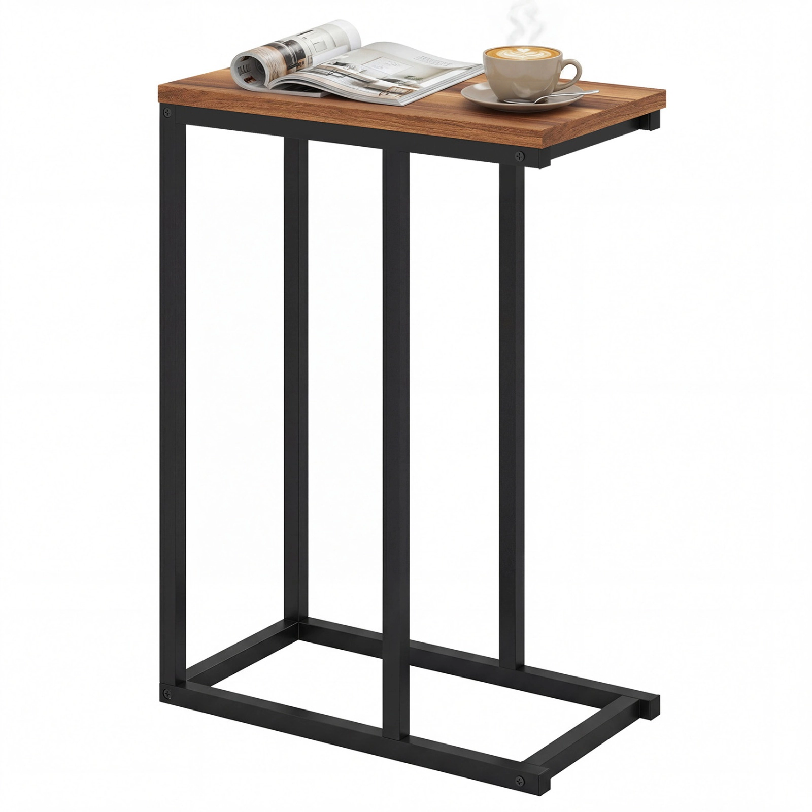 SUGIFT Sturdy Metal Frame and 18 in Tabletop Walnut C-Shaped End Table