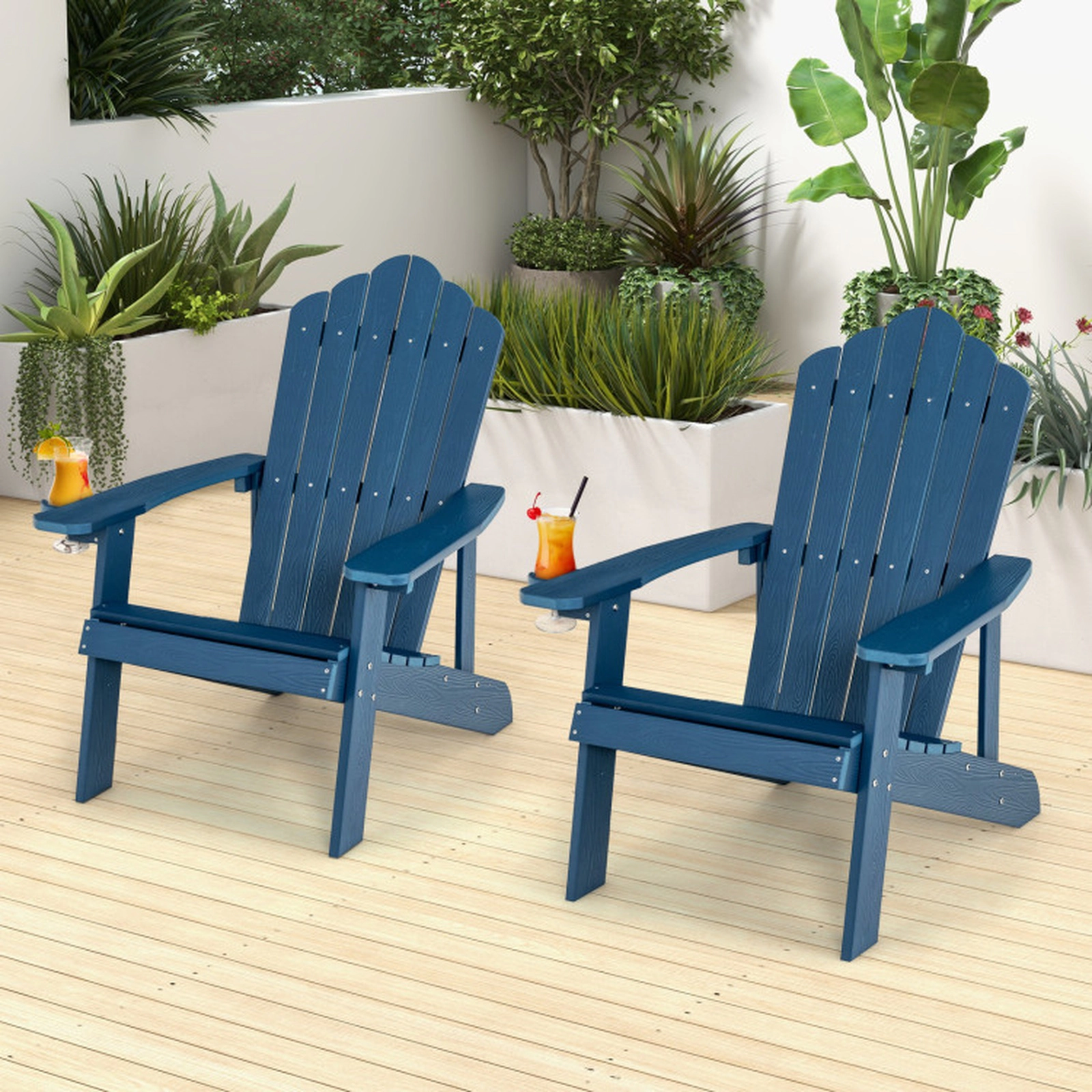 SUGIFT 2-Piece HIPS HDPE Adirondack Chair Set with Cup Holder 380-lb Adult Capacity Ages 3-8 33.5-in Adult Chair Navy