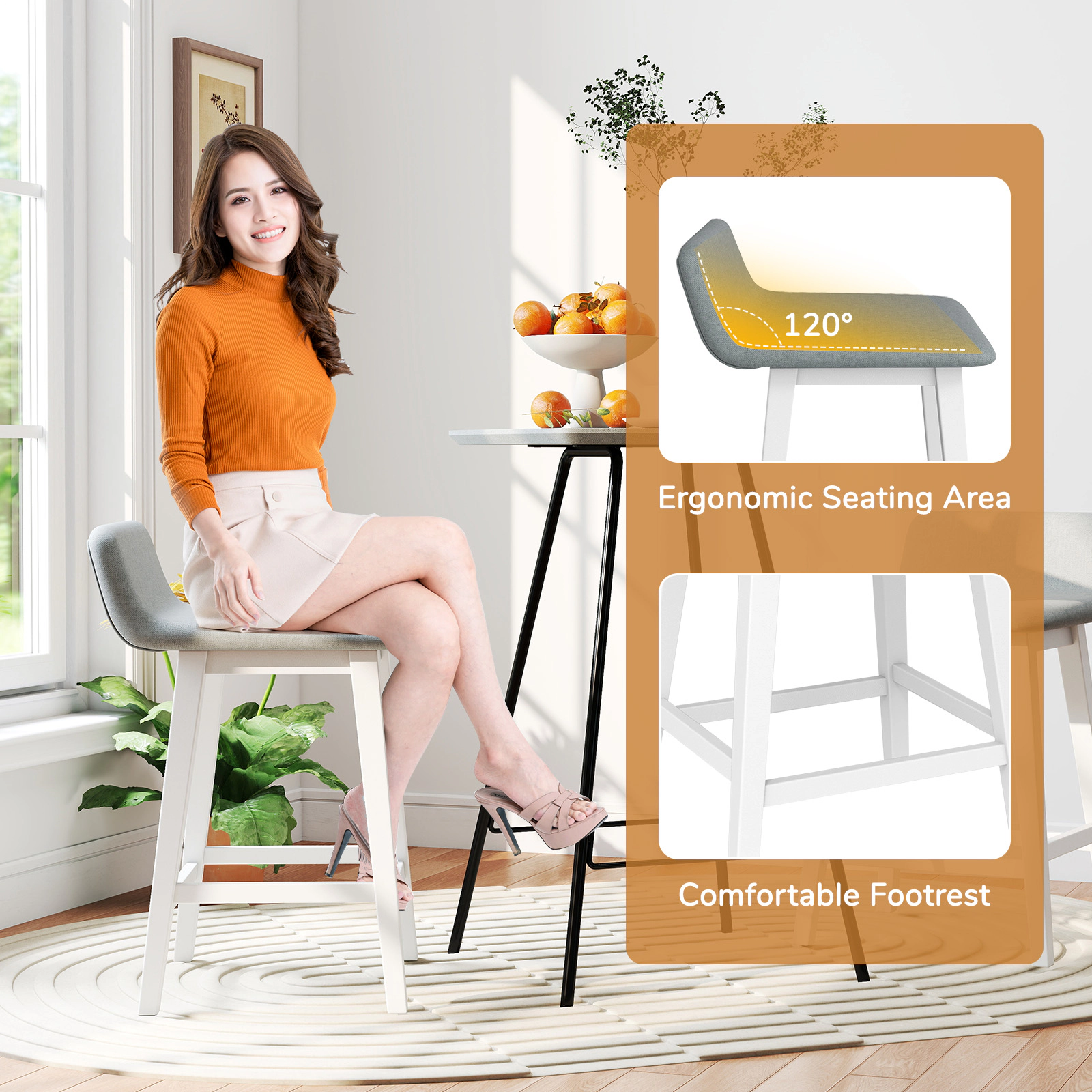 SUGIFT Set of 2 24-Inch Counter-Height Bar Stools, Low-Back Faux Linen Seats, Rubber Wood Legs