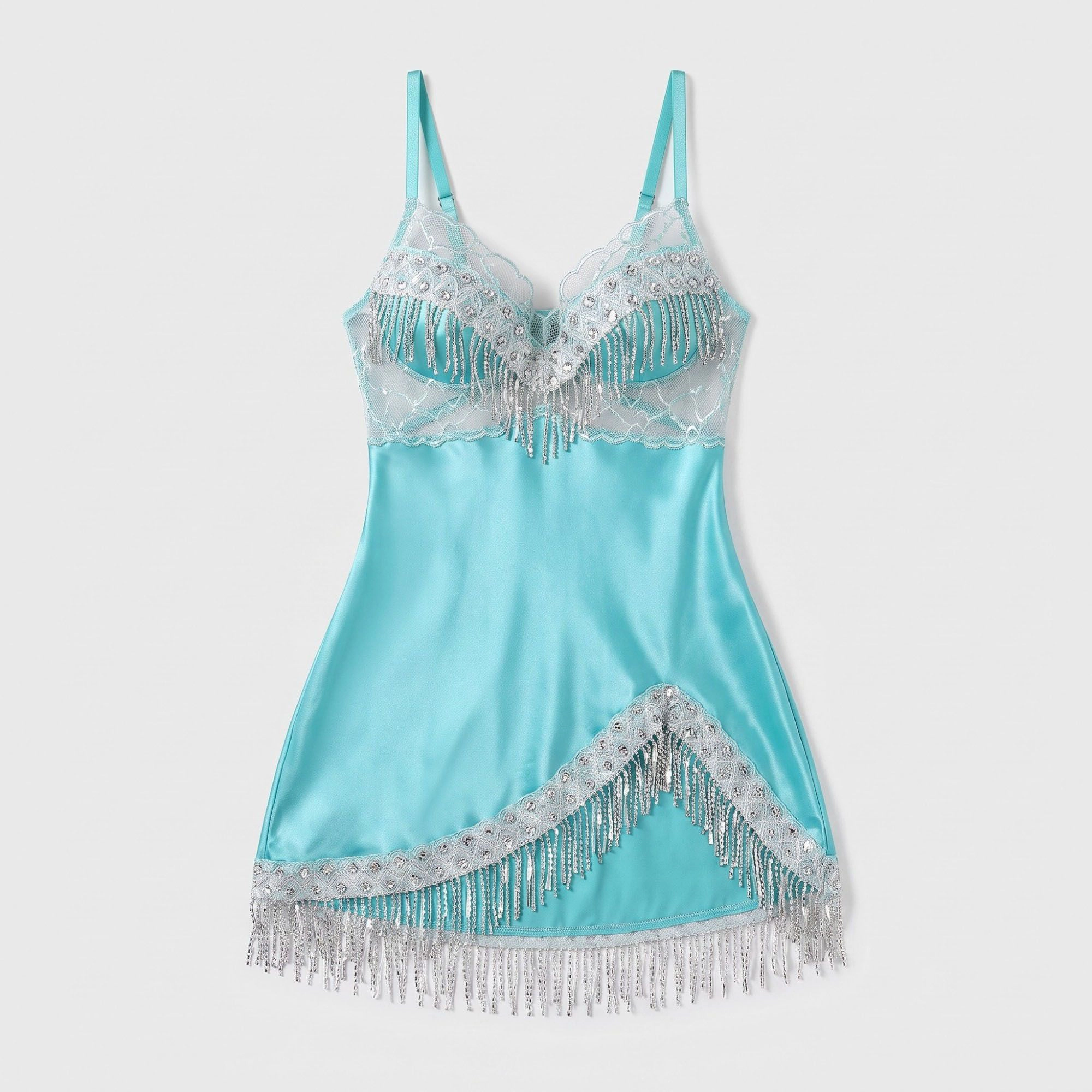 Anna-Kaci Women's Satin-Look Lace Lingerie Nightgown with Shimmer Fringe