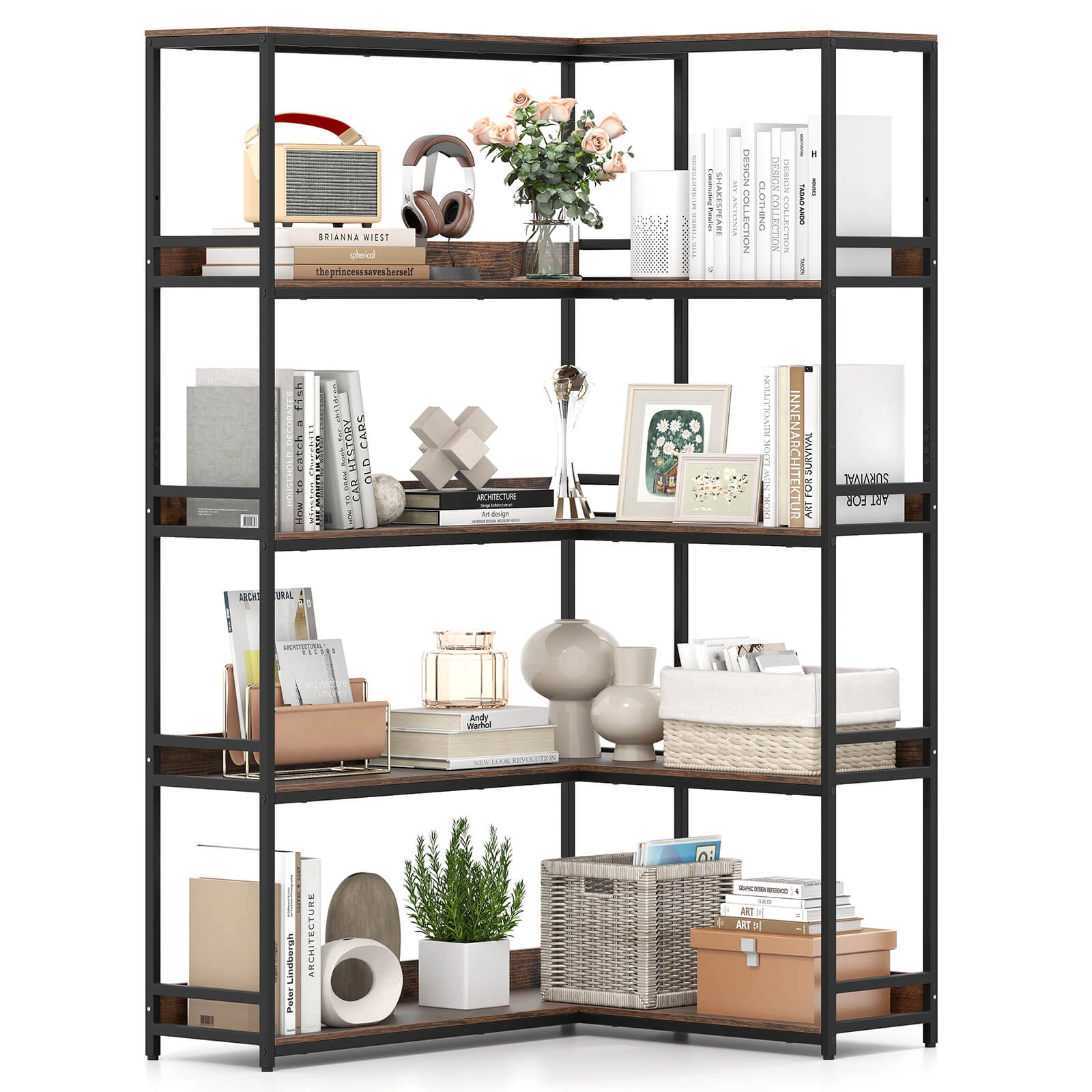Costway Corner Bookshelf 5-Tier L-Shaped Bookcase 71" Tall Etagere Walnut