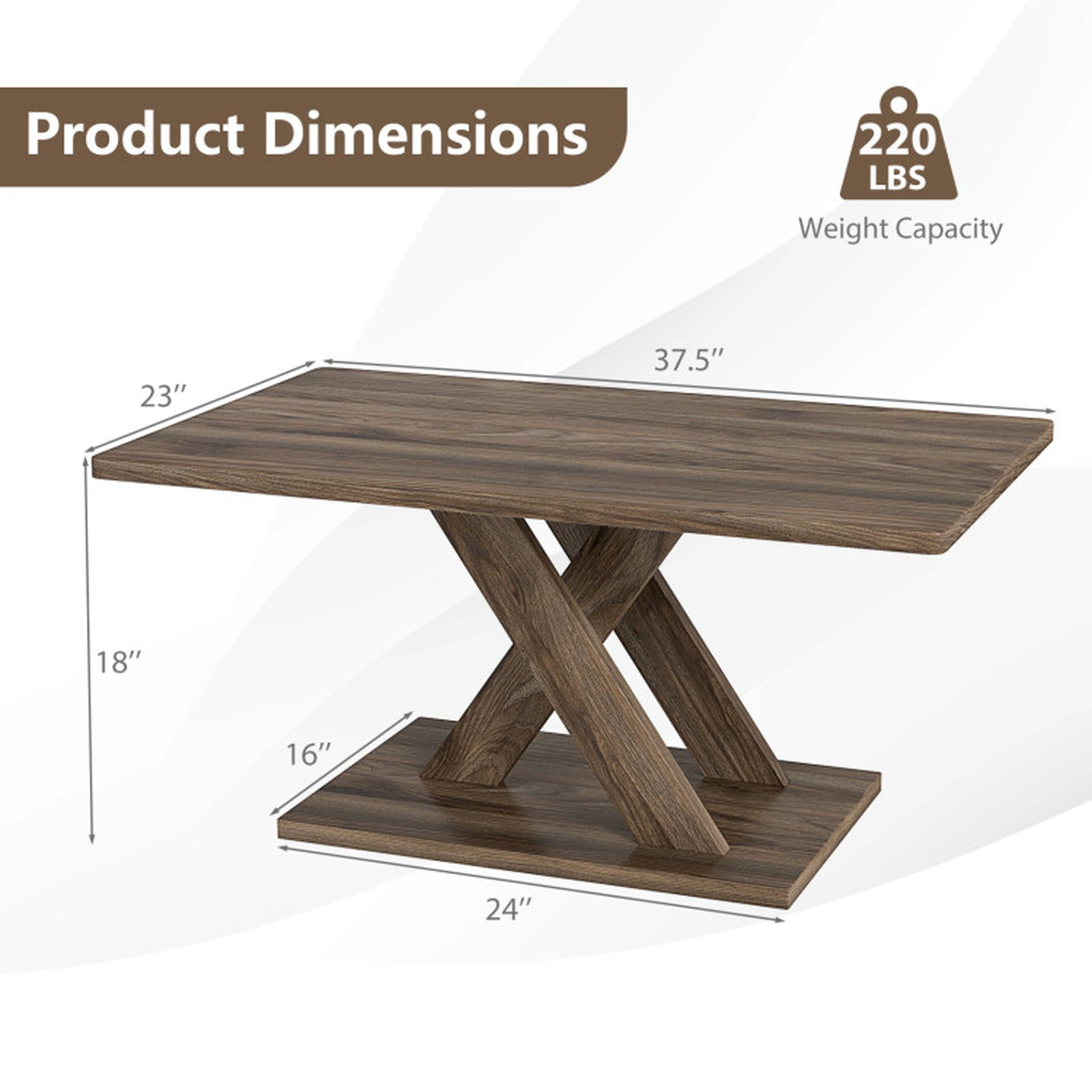 SUGIFT 37.5-in Rectangular Coffee Table with Stable Base and Rubber Wood Connection 220-lb Capacity Rustic Brown 1-Piece