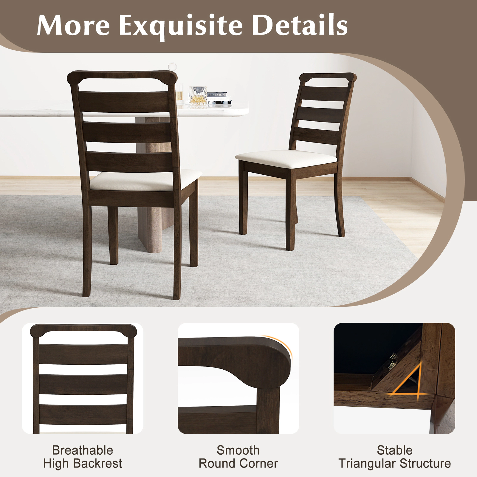 SUGIFT Deformation-Resistant Polyester Upholstered Wooden Dining Chair Set of 2 400-lb Capacity Walnut+White
