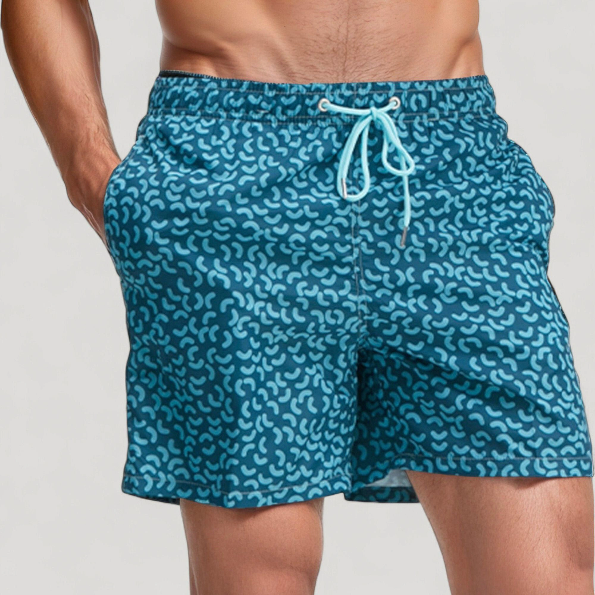 Anna-Kaci Men's Blue Abstract Print Swim Trunks with Quick-Dry Fabric and Adjustable Drawstring Waist
