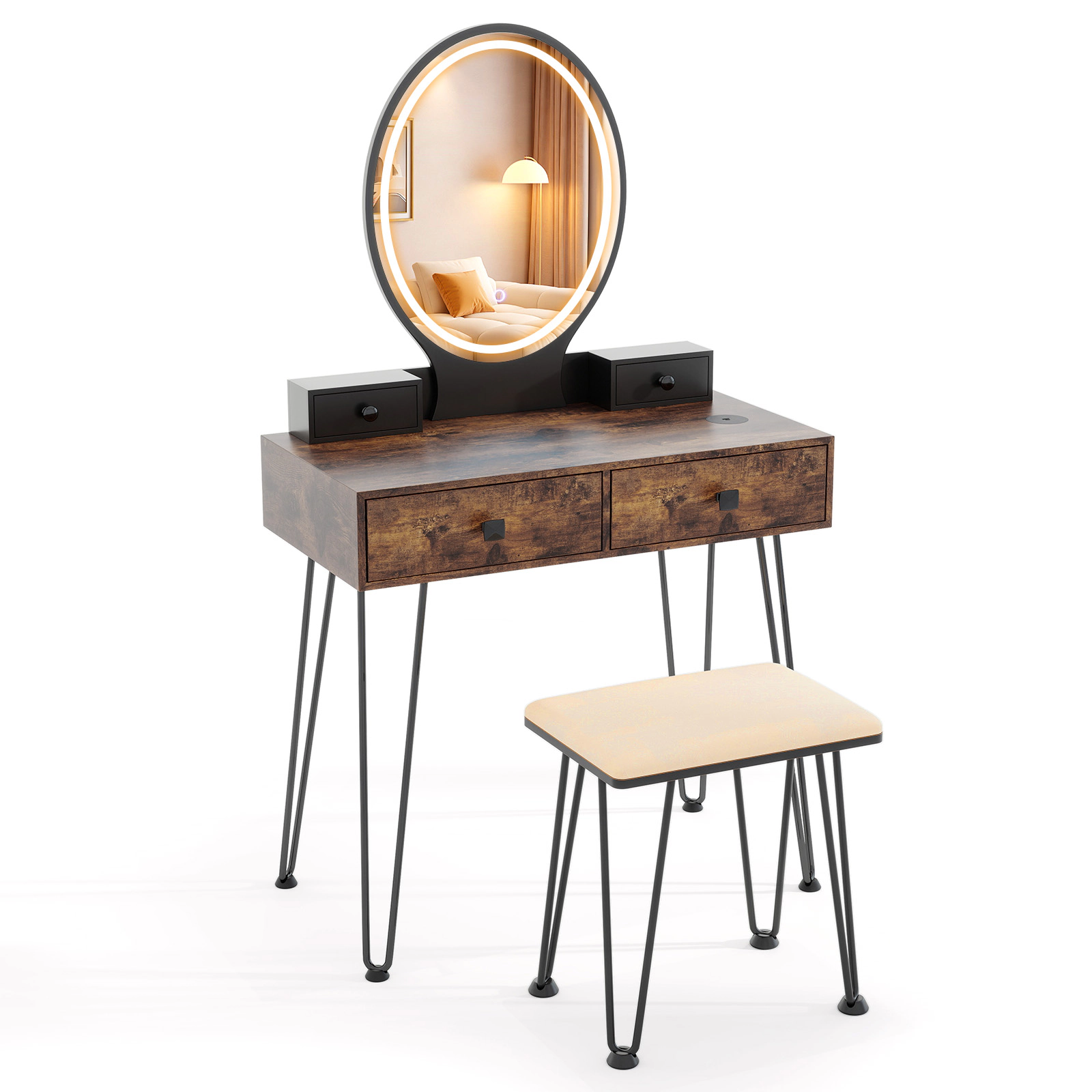 Hivvago Vanity Table Set With 3-Color Lighted Dimmable Mirror-Brown