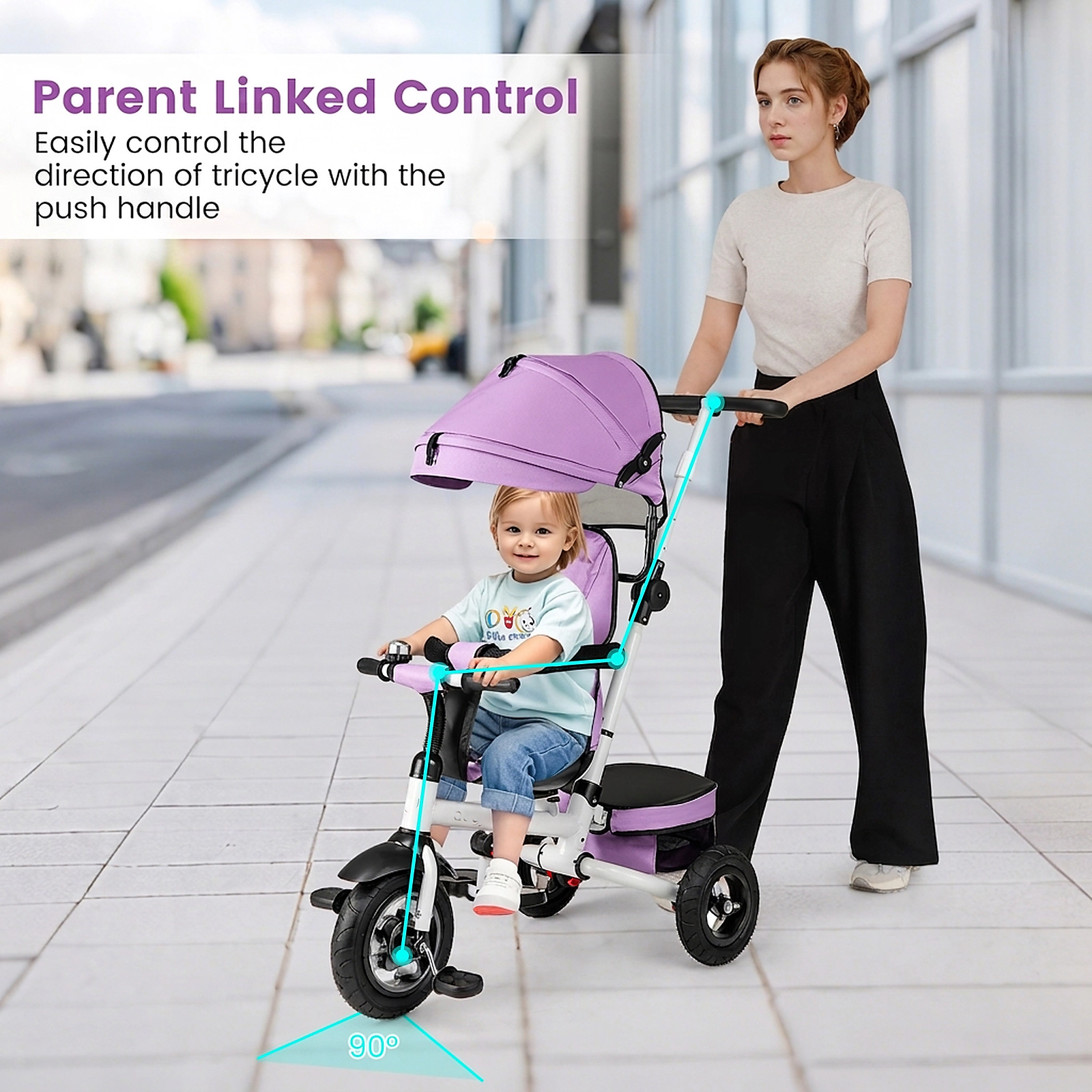 SUGIFT Pink 5-Mode Folding Toddler Tricycle, Foldable Footrests, Reversible Seat, Safety Harness, 55-lb Capacity