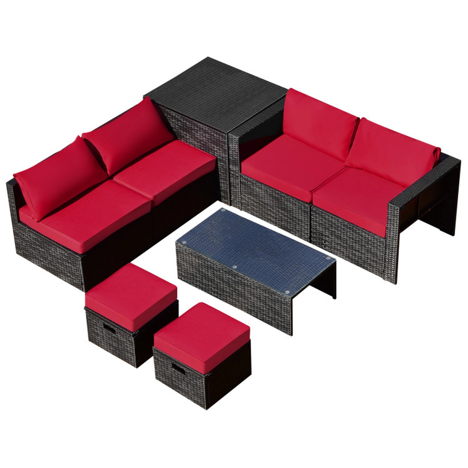 SUGIFT 8-Piece Red Patio Rattan Sectional Set with Storage Box and 2 Ottomans 17.5-in Seat H 350-lb Sofa Capacity