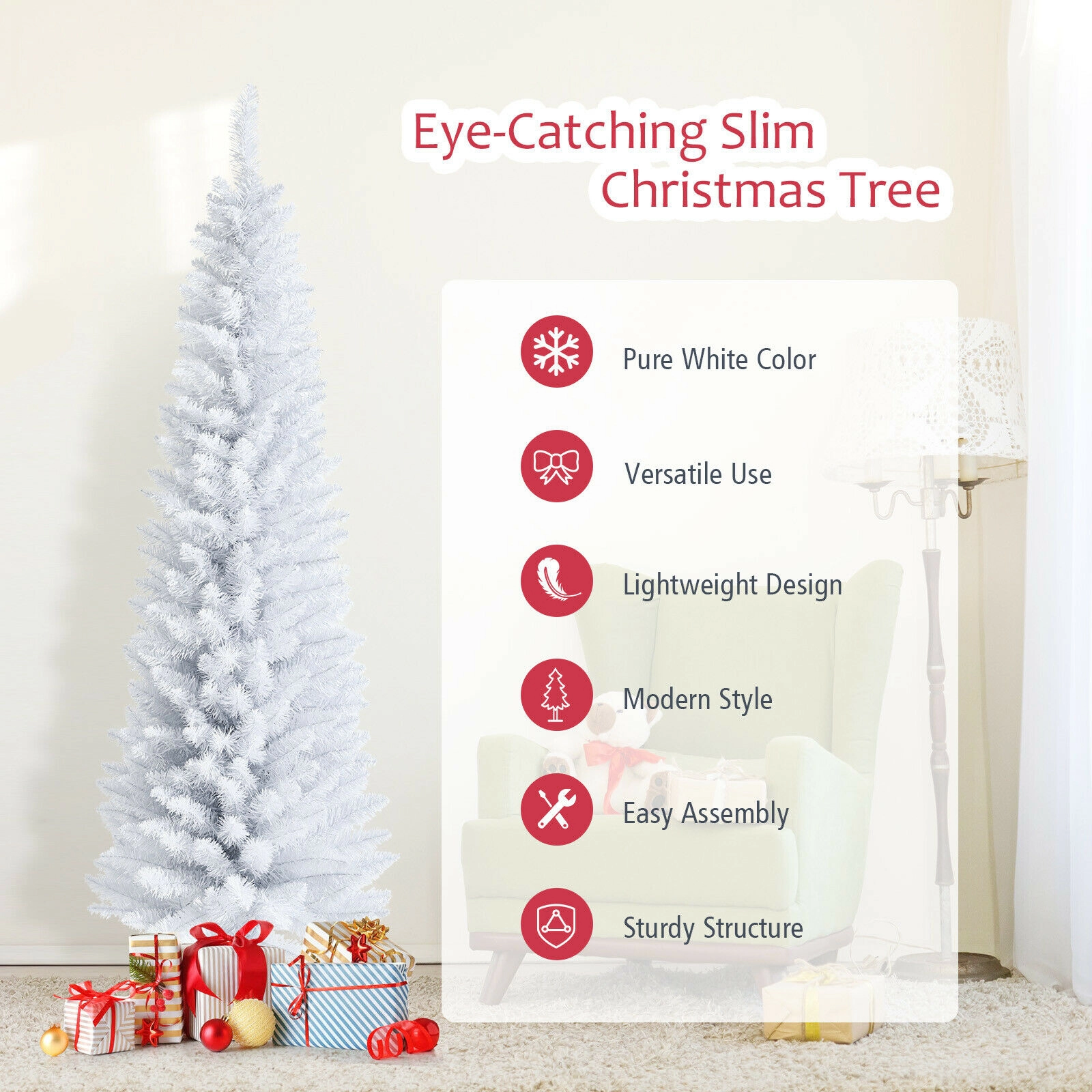 SUGIFT 6 ft White Slim Pencil Christmas Tree Unlit Artificial Xmas Tree with Metal Stand
