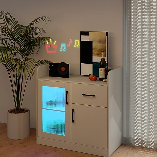 LJG LED Buffet Sideboard with Charging Station with Drawer and Translucent Fluted Door