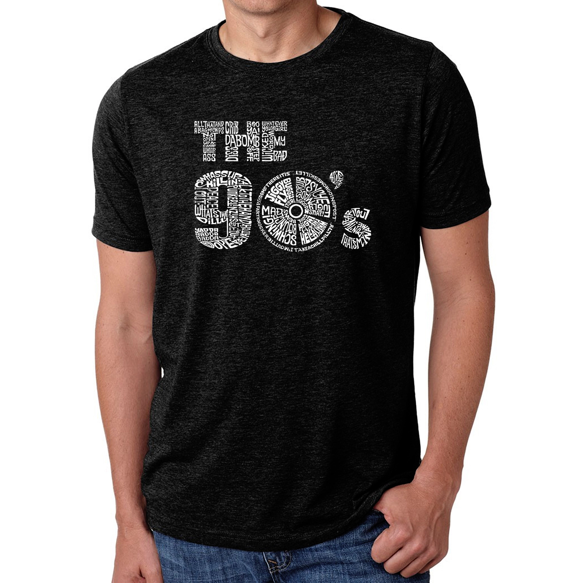 LA Pop Art Men's 90s Word T-Shirt, Cotton/Poly Blend, Crew Neck, Short Sleeve