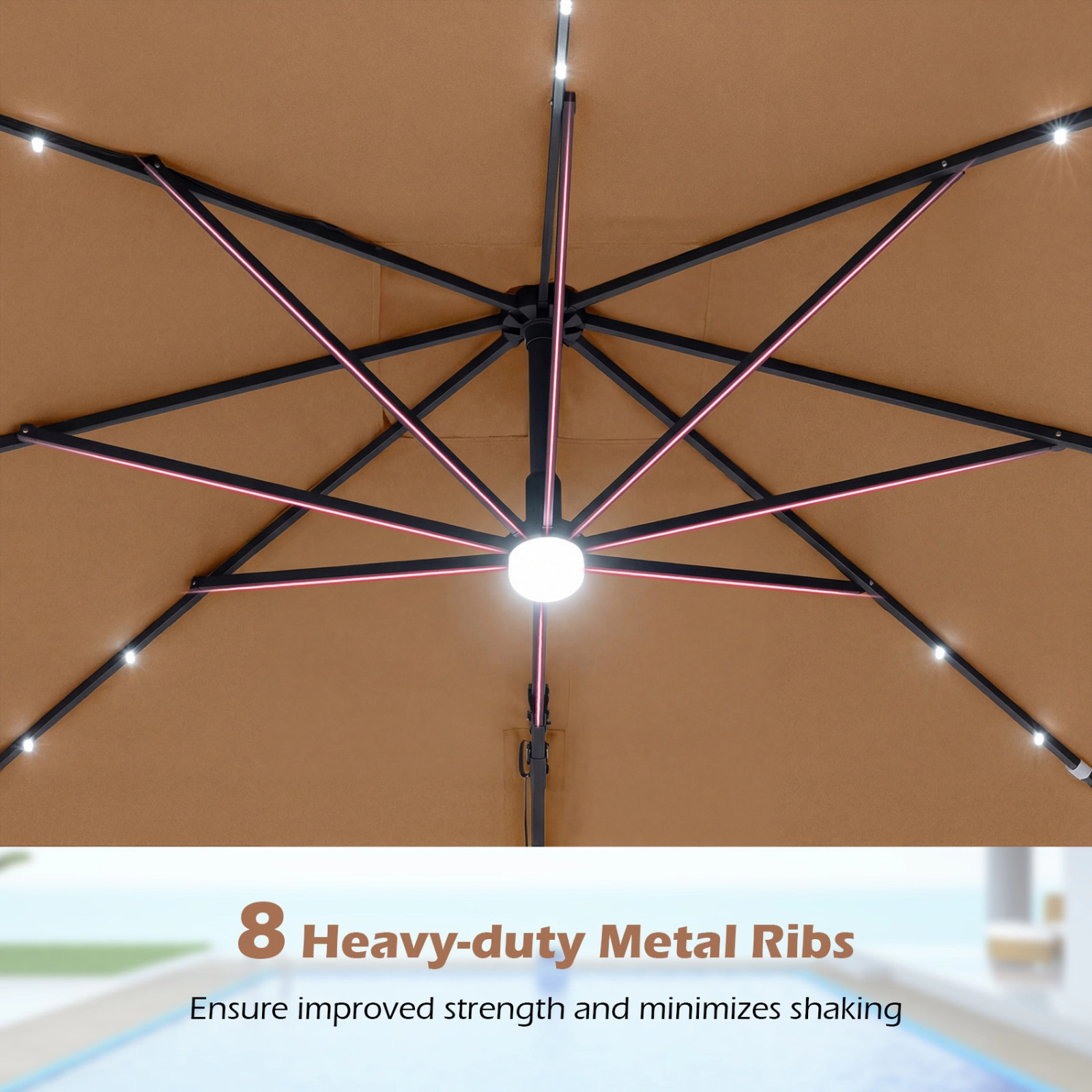 SUGIFT 10-ft Tan Solar LED Offset Cantilever Patio Umbrella with 32 Lights 6 Tilt Positions and 220-lb Base