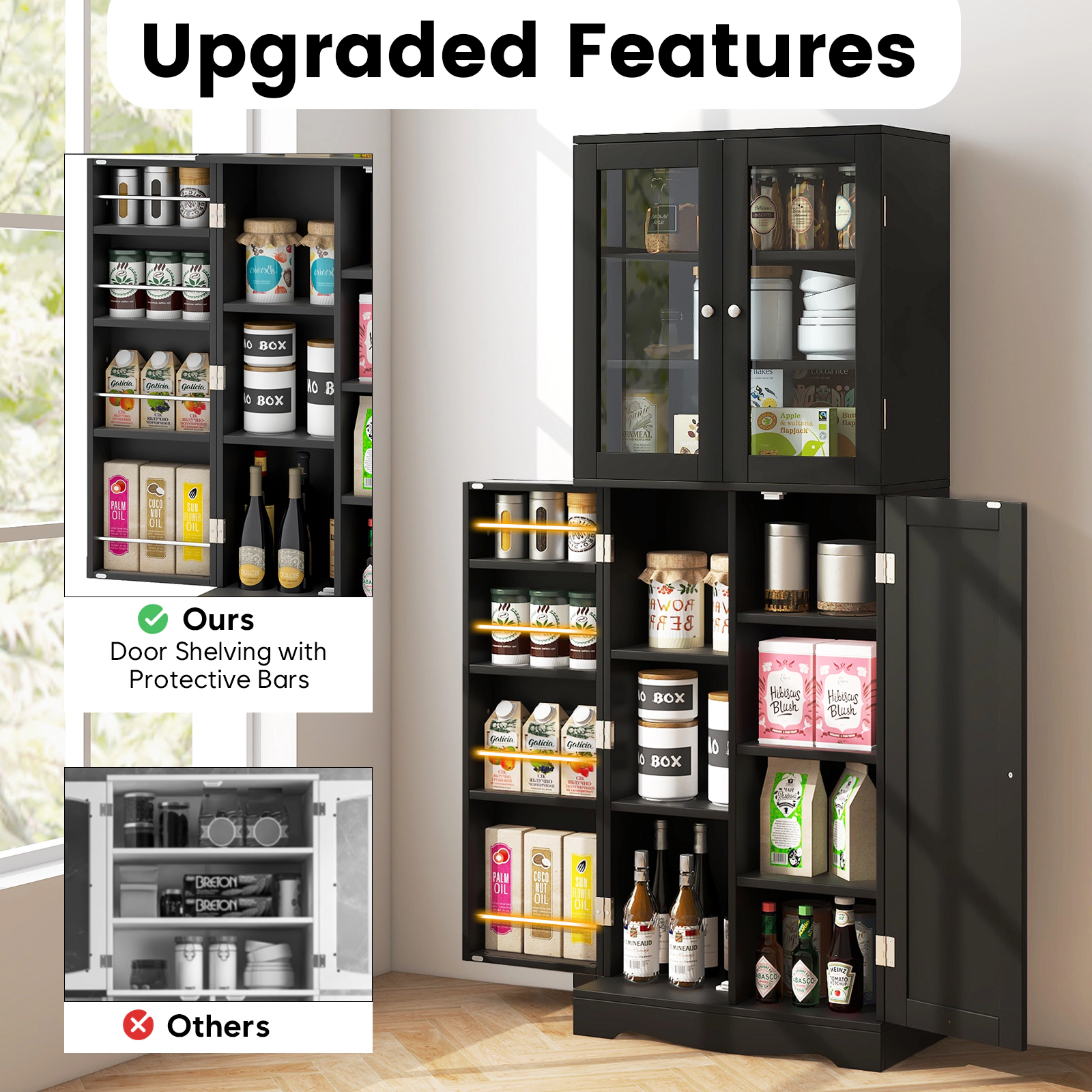 SUGIFT 63.5-in Glass Doors 4 Door Racks 3 Shelves Kitchen Pantry Cabinet 24-in x 12.5-in 50-lb per Shelf Black