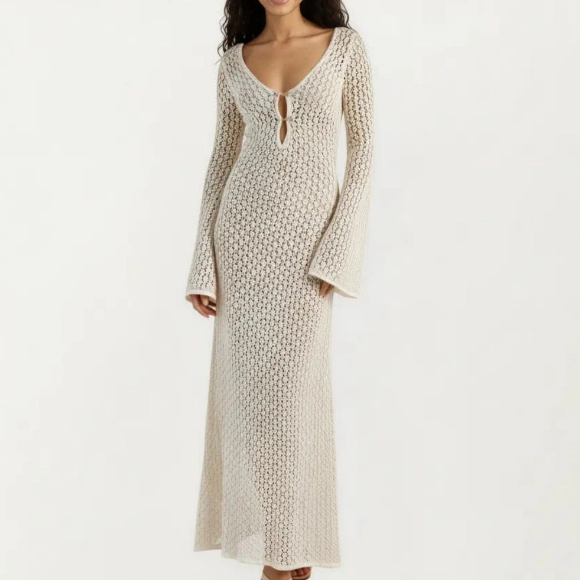 Anna-Kaci Women's Sheer Knit Crochet Long Bell Sleeve Deep V Neck Maxi Swim Cover Up Dress