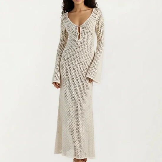Anna-Kaci Women's Crochet Cover Up Maxi Dress with Long Bell Sleeves Deep V Neck Sheer Knit Swim Cover Up, Color: White
