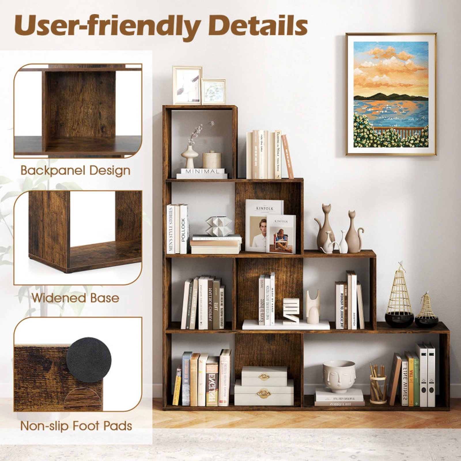 SUGIFT 4-Tier Rustic Brown 60-in Wide Stepped Bookshelf Room Divider with 6 Cubes and Freestanding Ladder