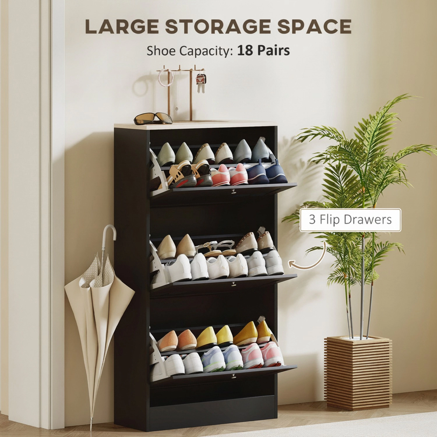 HONGGE Modern Shoe Storage Cabinet with 3 Flip Drawers and Adjustable Shelves for 12-18 Pairs of Shoes