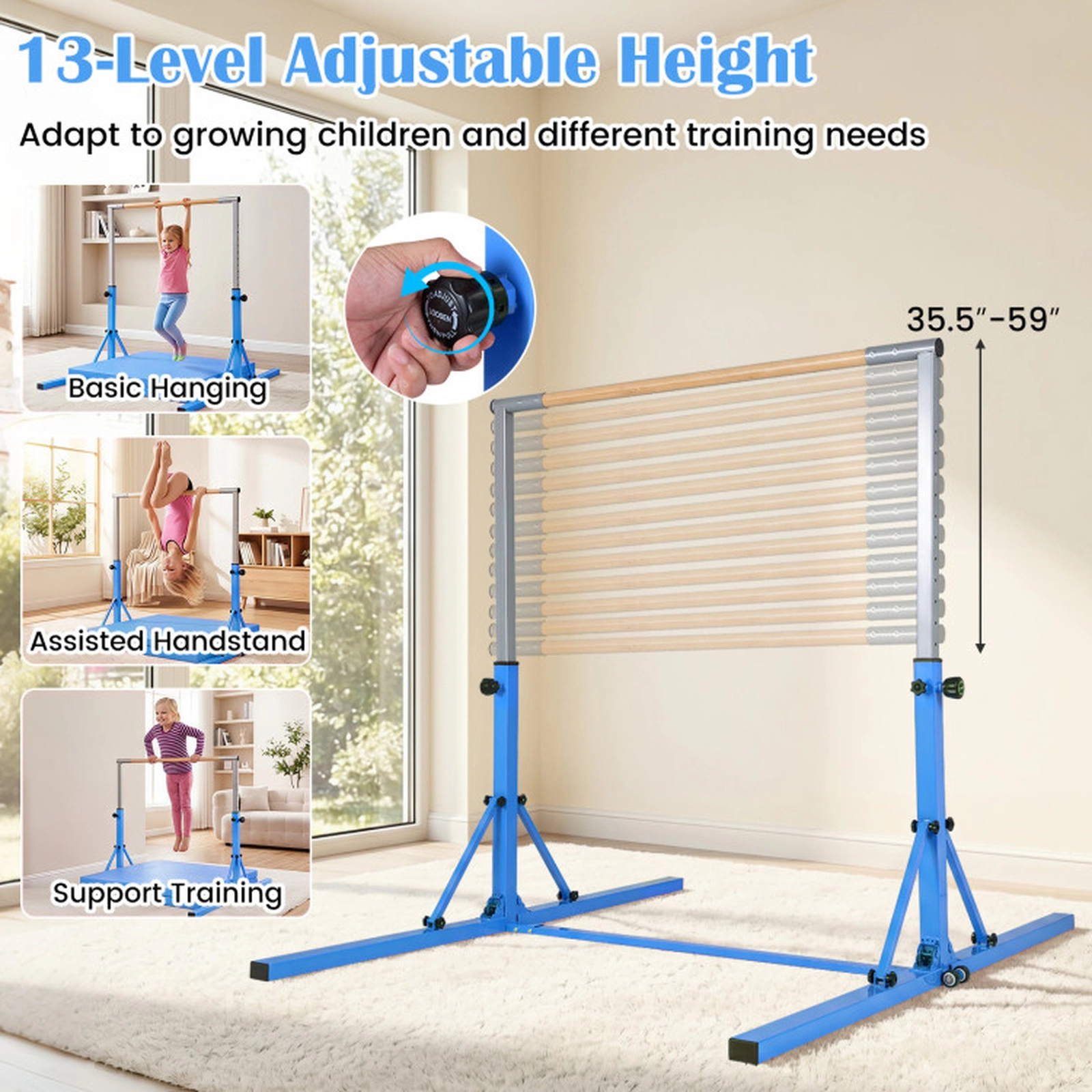 SUGIFT 265-lb Capacity 35.5-in to 59-in Adjustable Foldable Kids Gymnastics Bar with Bamboo Grip and Wheels