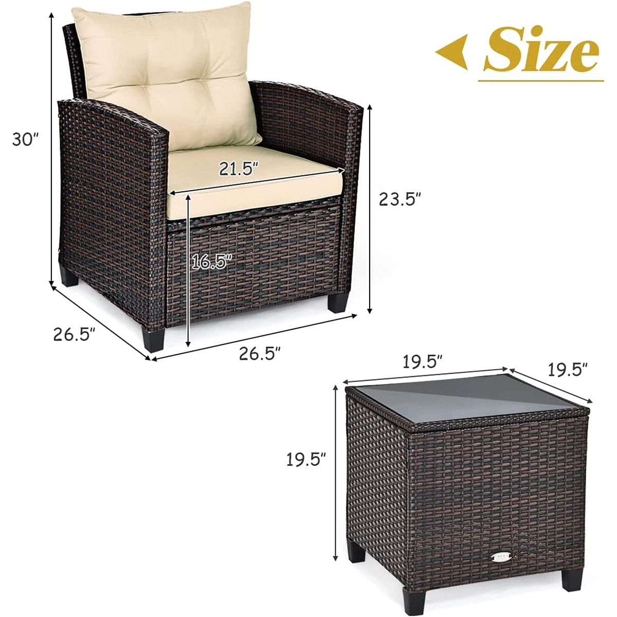 SUGIFT Patio Rattan Furniture Conversation Set with Cushions and Coffee Table 360-lb Chair Capacity Beige