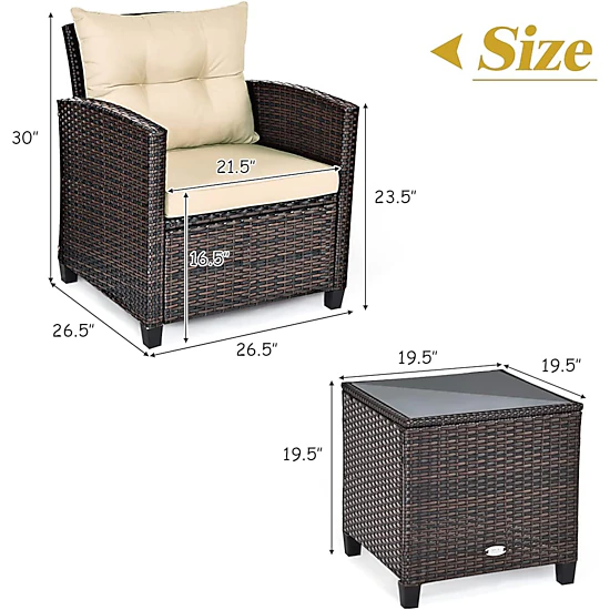 SUGIFT Patio Rattan Furniture Conversation Set with Cushions and Coffee Table 360-lb Chair Capacity Beige