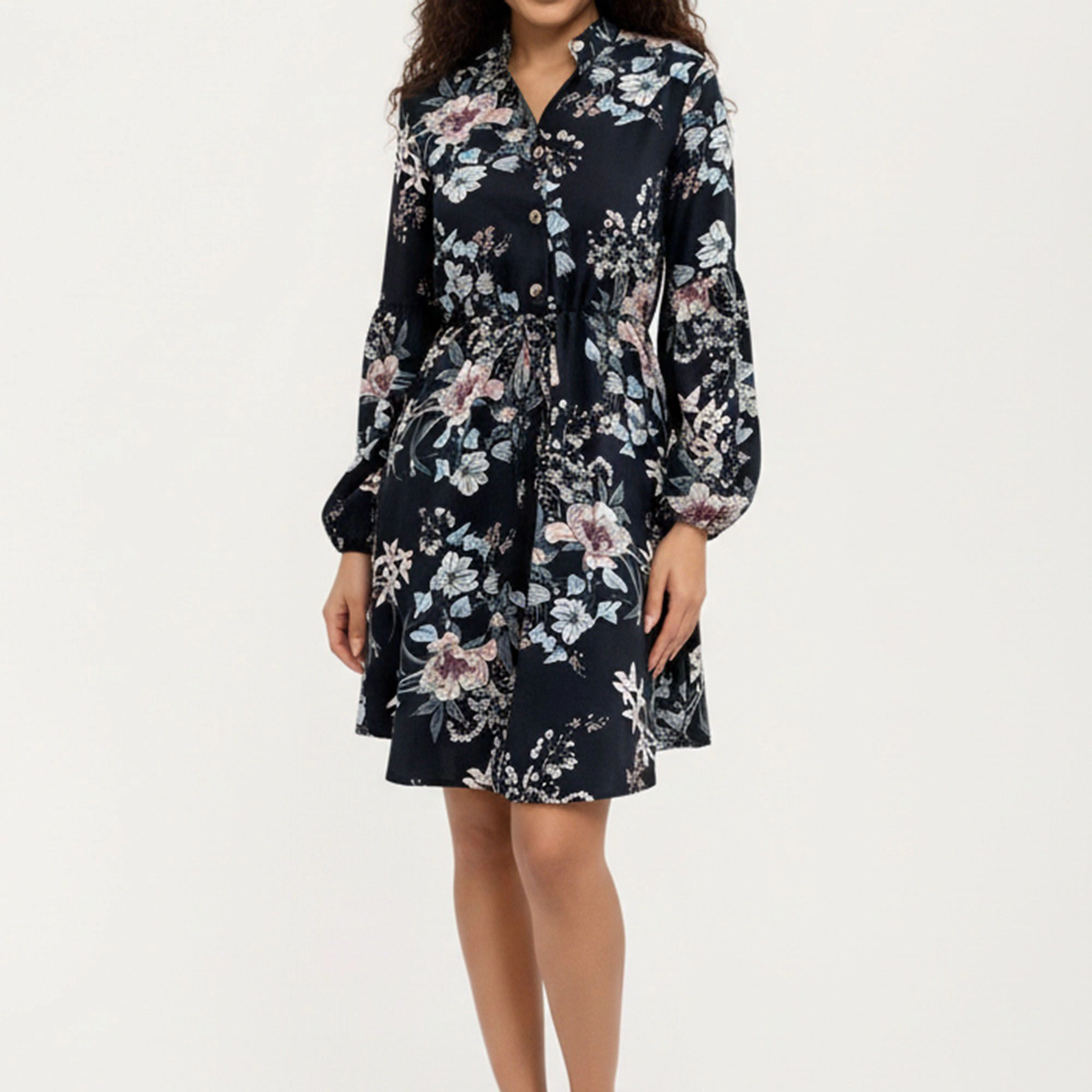 Anna-Kaci Women's Floral Print Tie Waist Long Sleeve Shirt Dress