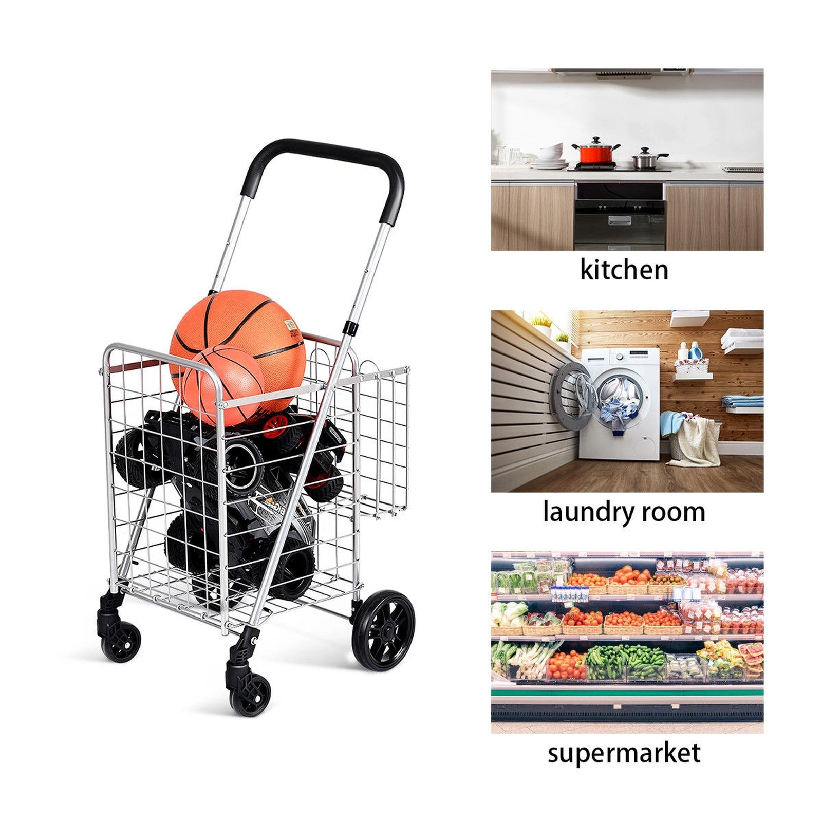SUGIFT Folding Two-Basket Shopping Cart Rolling Trolley with Adjustable 35-37.5-in Handle 44-lb Capacity Black/Silver