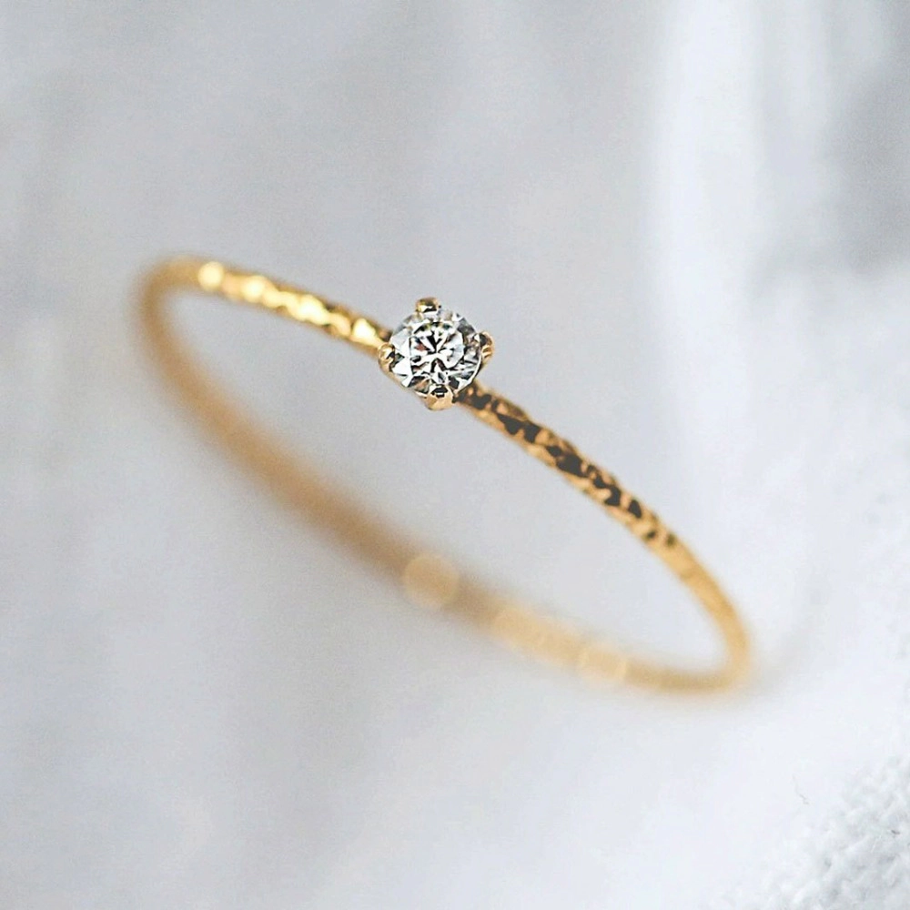 Dainty Hammered Thin Band Ring Solitaire Cubic Zirconia Minimalist Gold‑Tone Stacking Ring for Women
