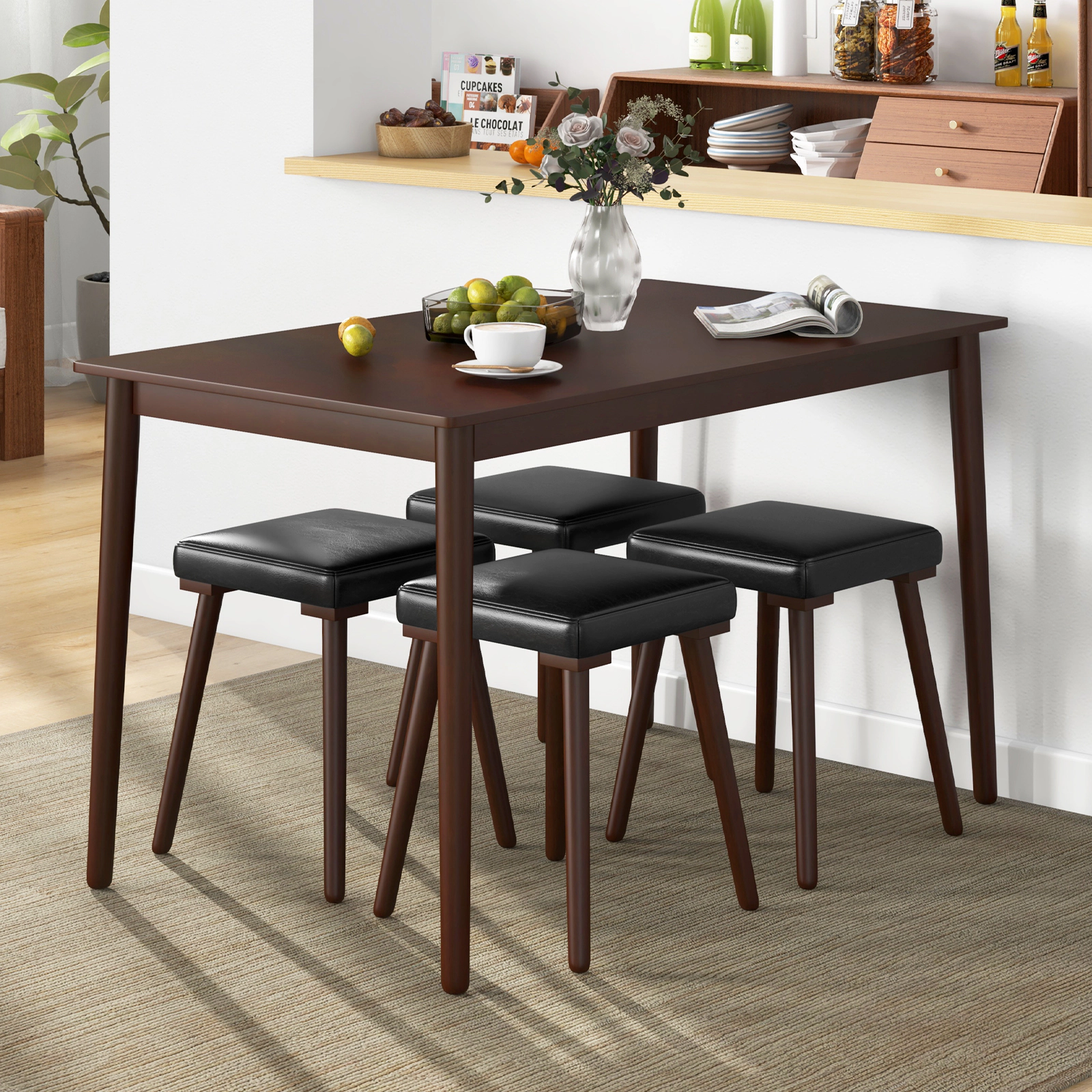 SUGIFT 5 Piece Dining Table Set for 4 with Upholstered PU Leather Stools 220-lb Tabletop 350-lb Seats 48 x 27.5-in Brown