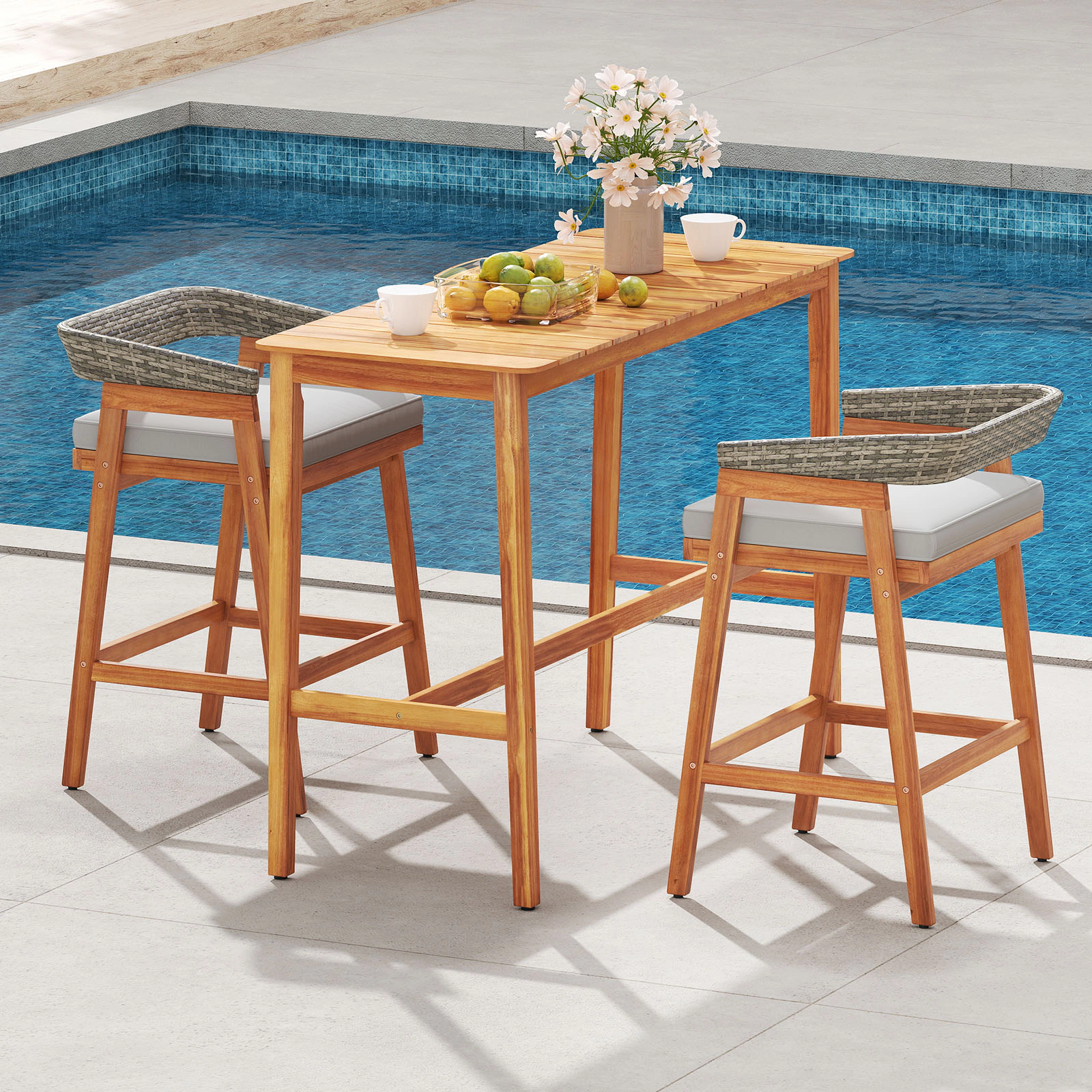 LJG Acacia Wood Counter Height Table with Slatted Tabletop and Footrest Crossbar