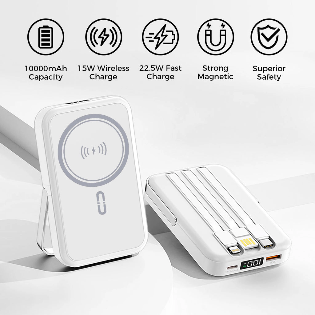 Alpha Digital 10,000mAh, 3 Cables, Magnetic Wireless Charging, Phone Stand - Power Bank