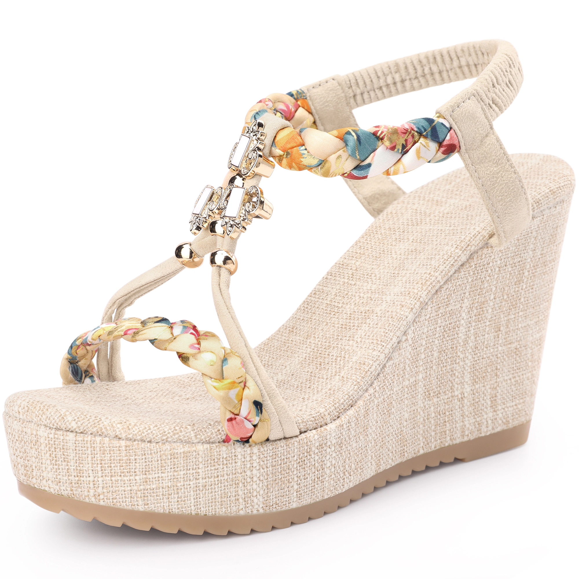 BLISSFUL STEP Women's Bohemia Pull on Platform Wedge Heel Sandals