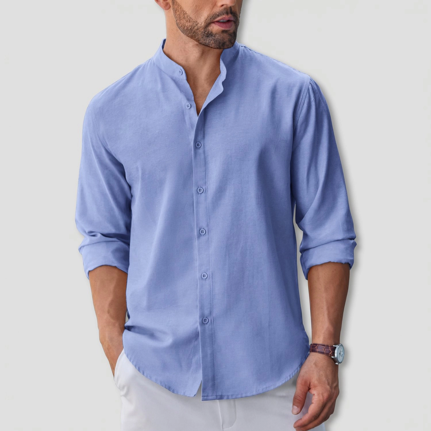 COOFANDY Mens Casual Long Sleeve Shirts Henley Band Collar Button Down Curved Hem