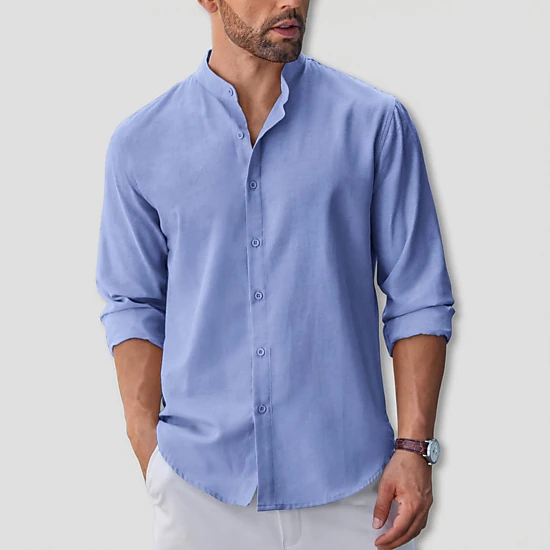 COOFANDY Mens Casual Long Sleeve Shirts Henley Band Collar Button Down Curved Hem