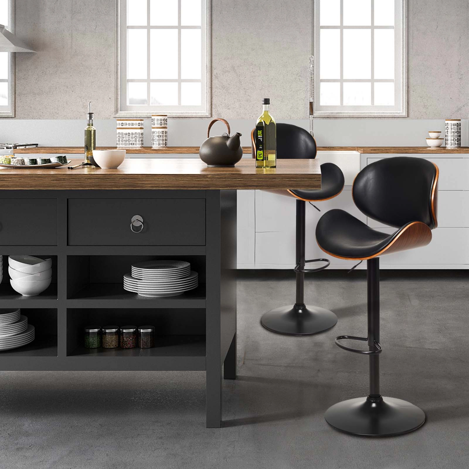 LJG Set of 2 Adjustable Swivel PU Leather Bar Stools with Curved Footrest