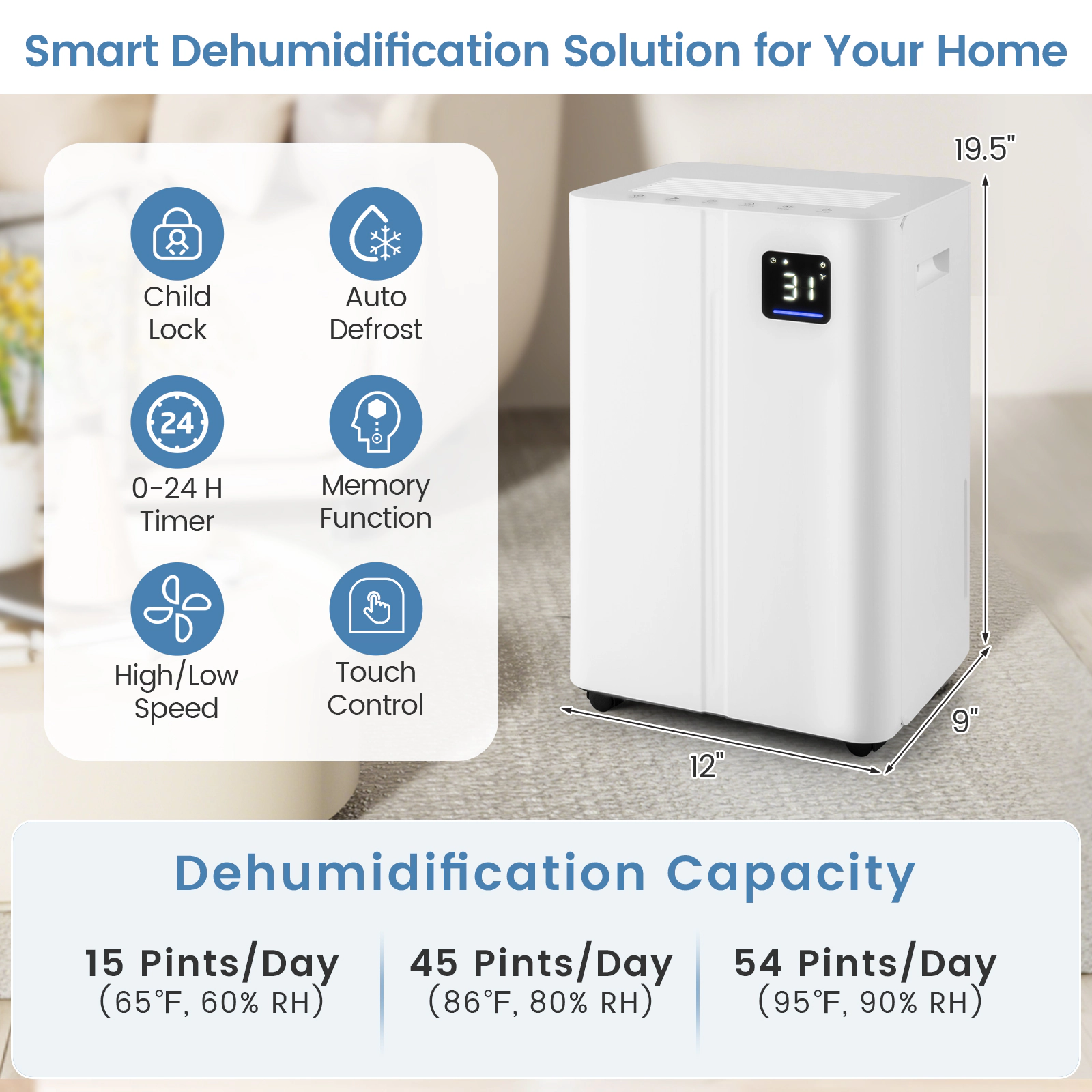 SlickBlue 54 Pint Dehumidifier for Rooms with Humidity Control, Drain Hose