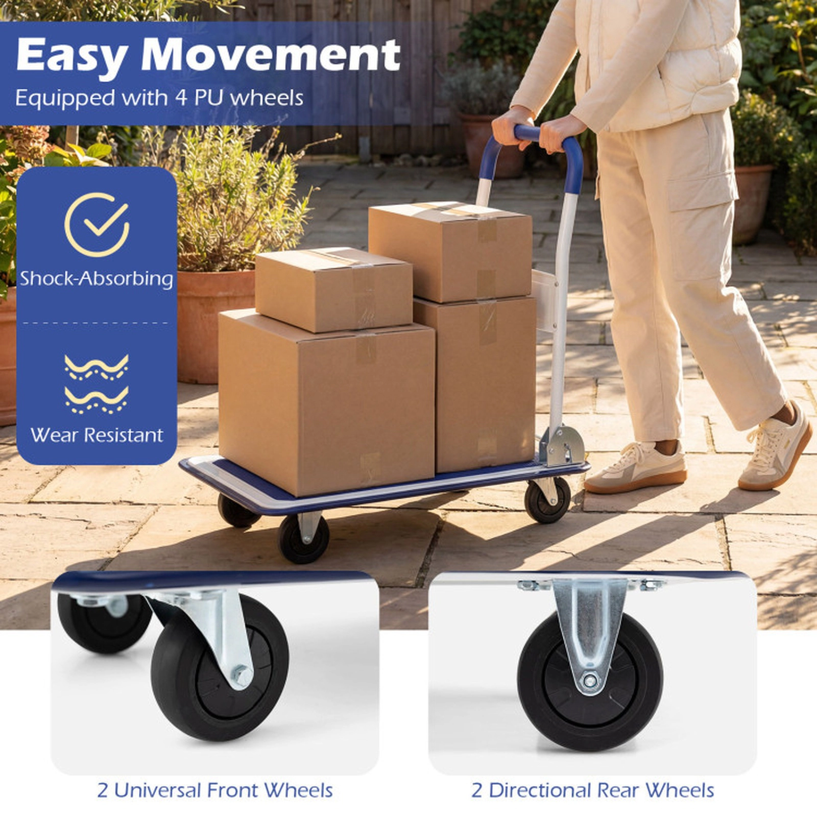 SUGIFT Folding Non-Slip Platform Steel Frame Rolling Push Cart 29-in x 19-in x 33-in 330-lb Capacity 4 Wheels Blue