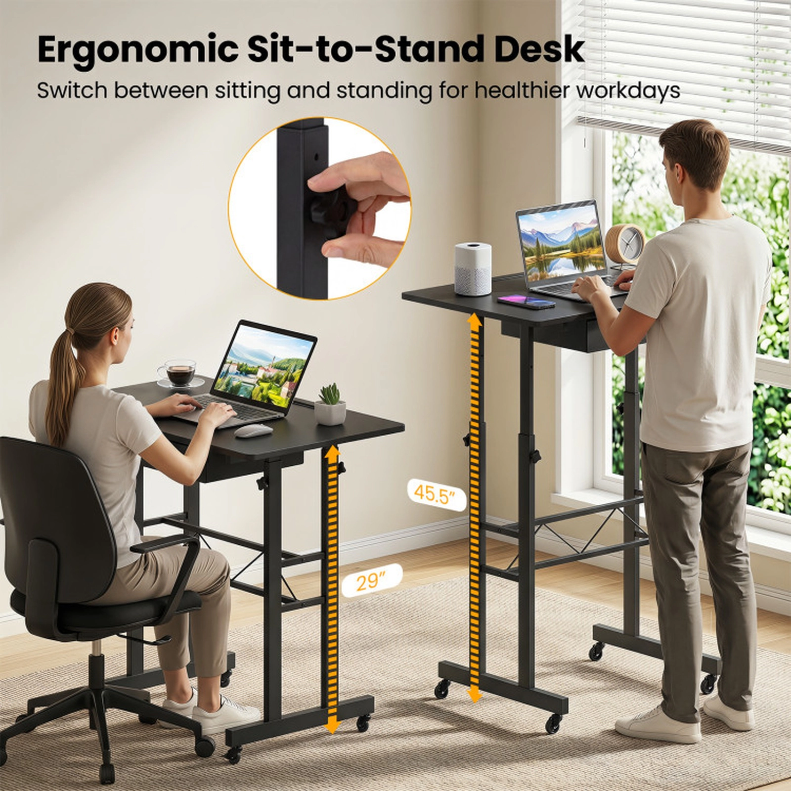 SUGIFT Height Adjustable Laptop Desk with Fabric Drawer Tablet Holder 45-lb Tabletop Capacity Black