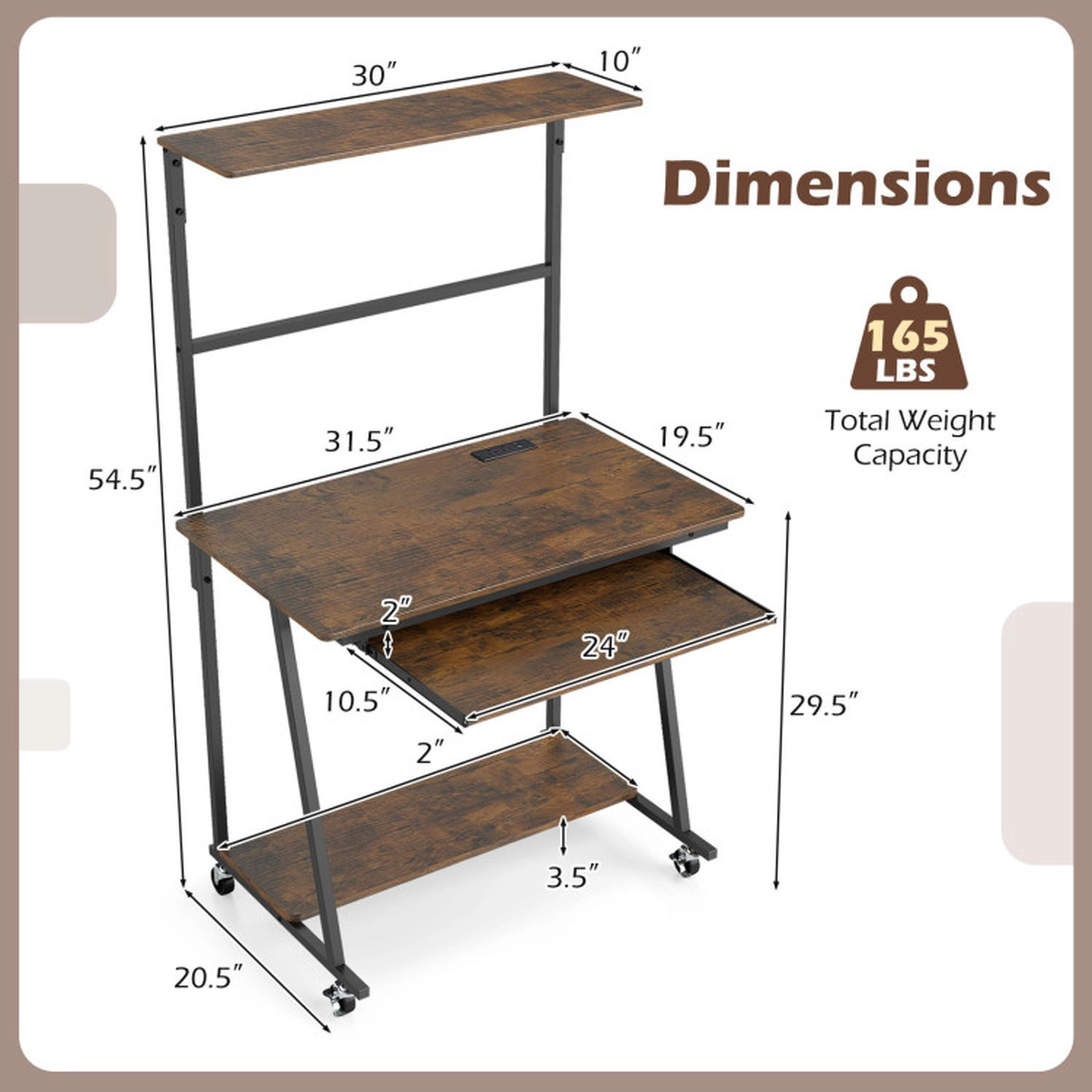 SUGIFT 4-Tier Small Computer Desk with Charging Station, LED Lights and Locking Wheels 165-lb Capacity Rustic Brown