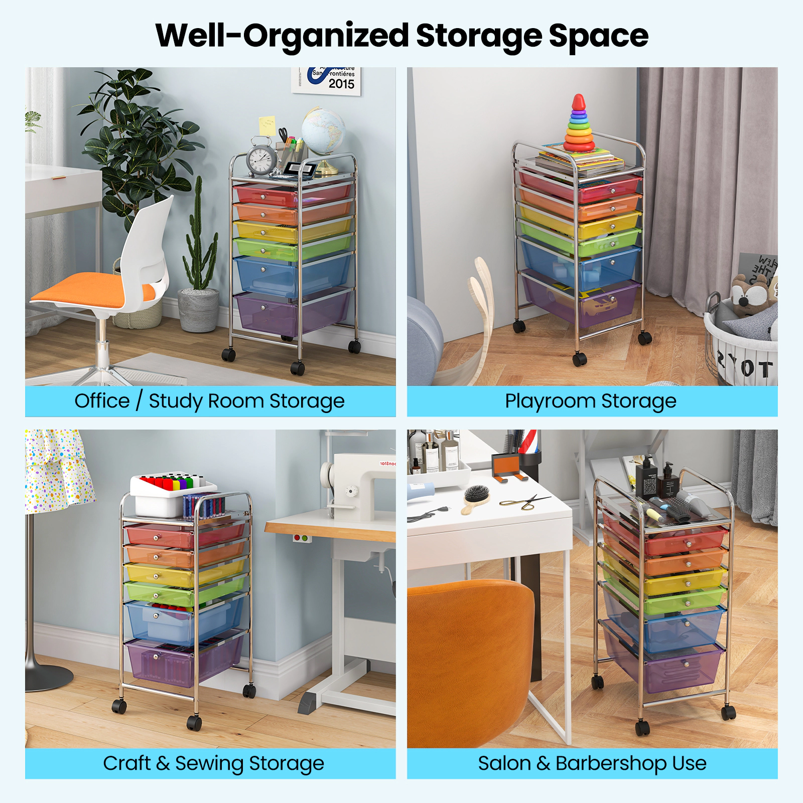 SUGIFT 6-Drawer Rolling Storage Cart with See-Through Plastic Drawers and 2 Locking Casters for Office
