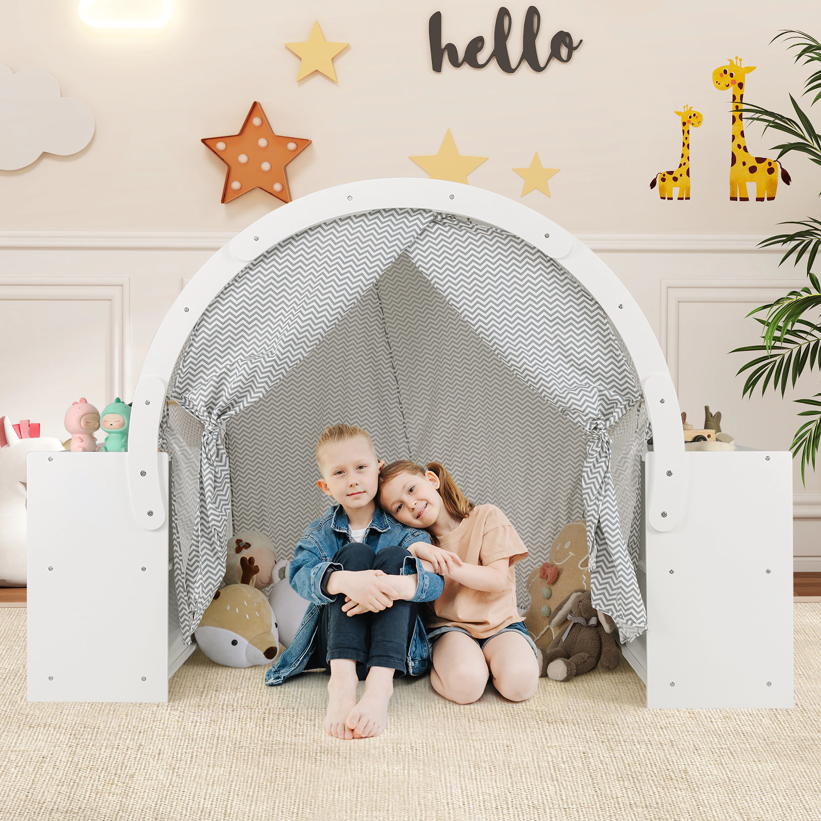 Wooden Kids Play Tent Playhouse with 8 Cubbies and 2 Countertops Curtain Shades Fits Most Kids Mattresses White