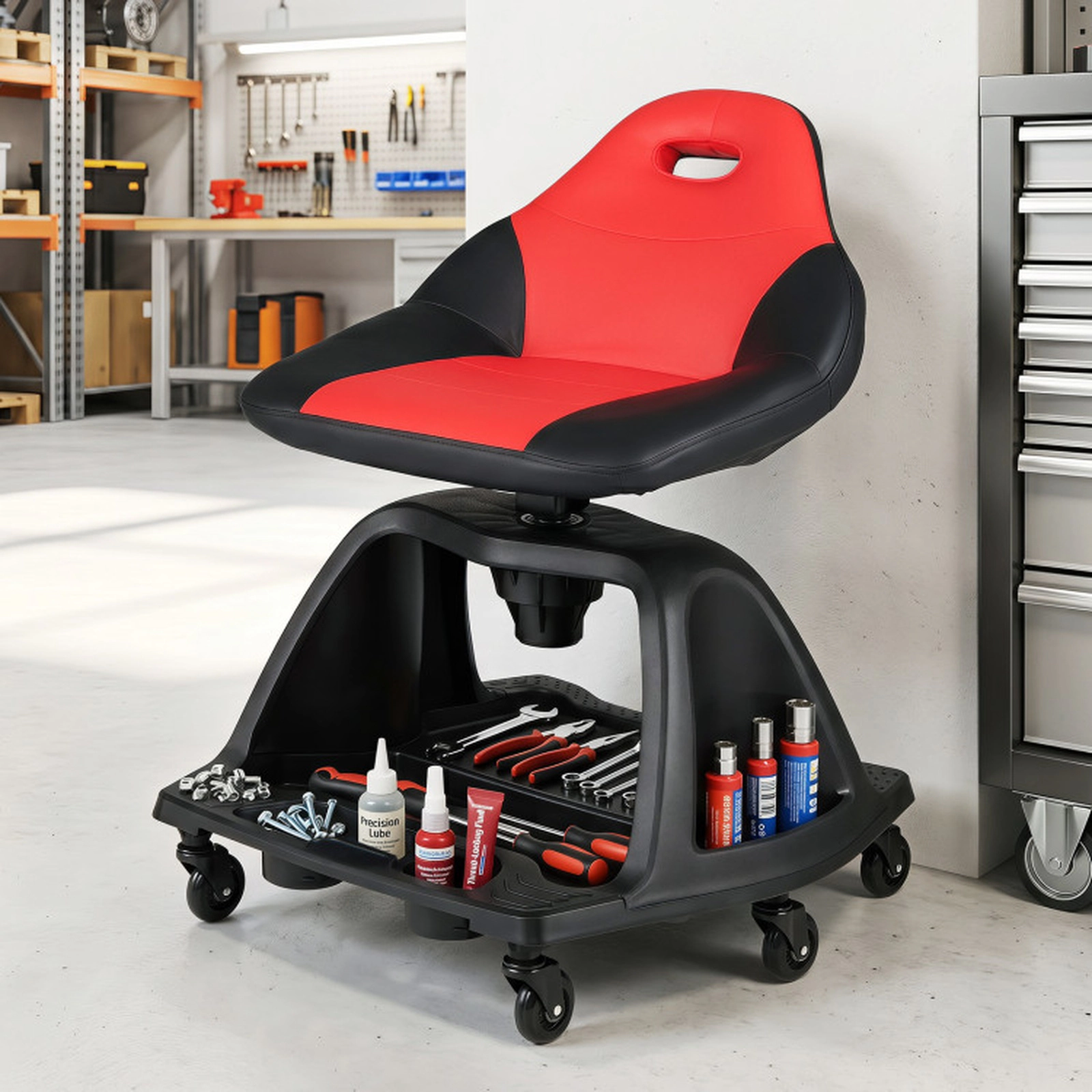 SUGIFT 6 Universal Wheels Padded Backrest Tool Tray Rolling Garage Mechanic Stool 23-in x 21-in x 29.5-in 330-lb Red