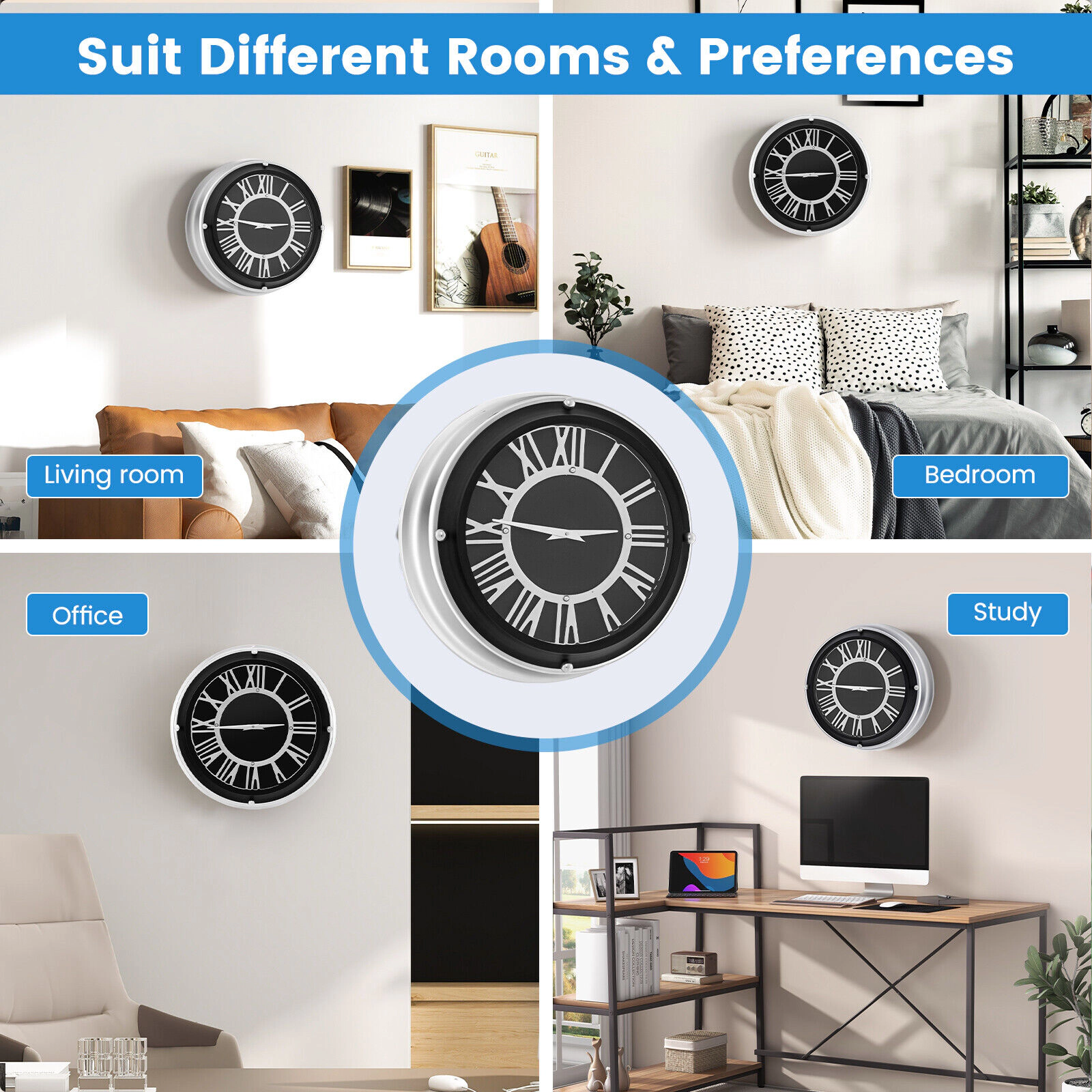 SUGIFT Silent Quartz Wall Clock with Silver Frame 17.5-in Face Stainless Steel Aluminum Glass 1-AA Battery Silver