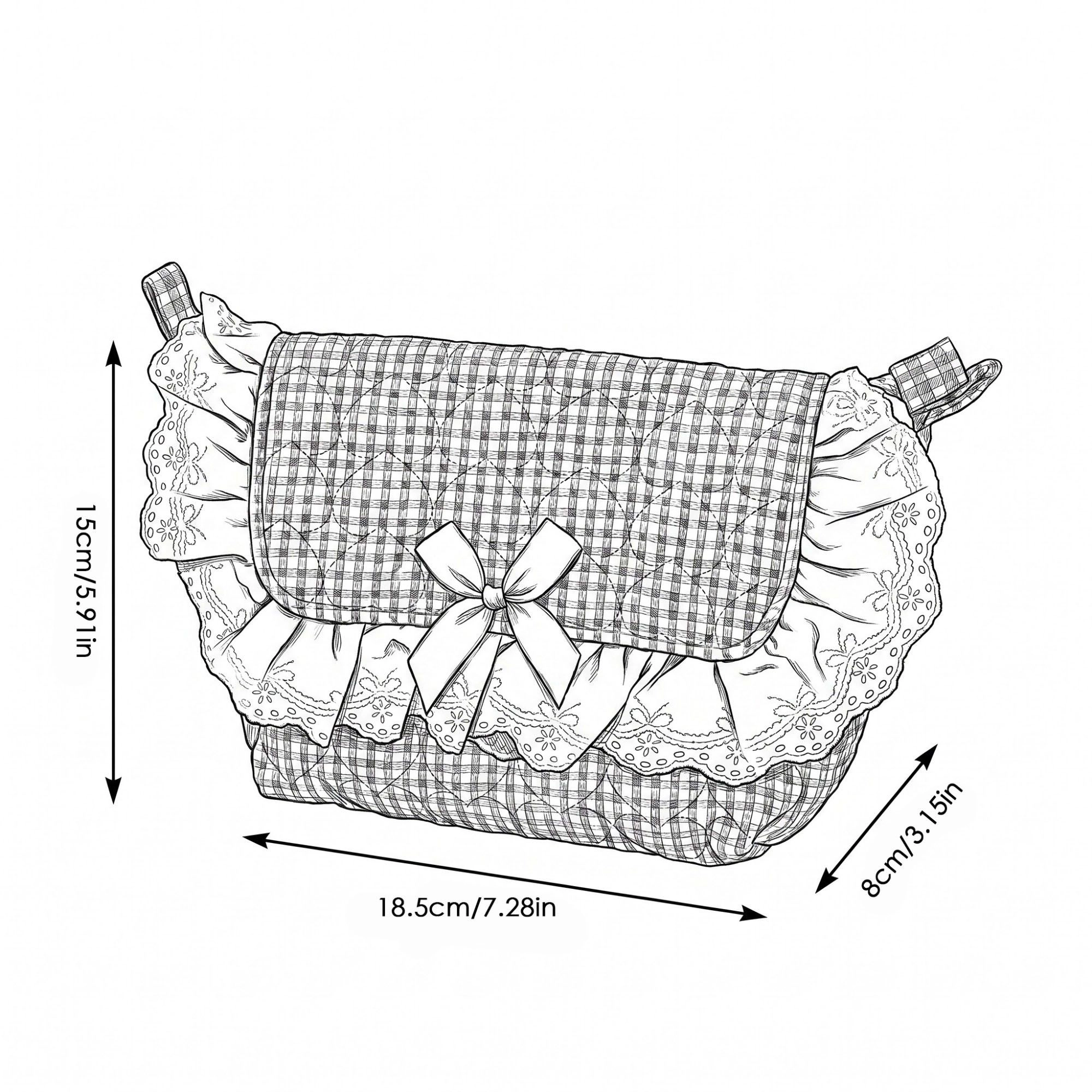 Alilang Unisex Quilted Gingham Makeup Bag with Shoulder Strap Lace Ruffle Bow