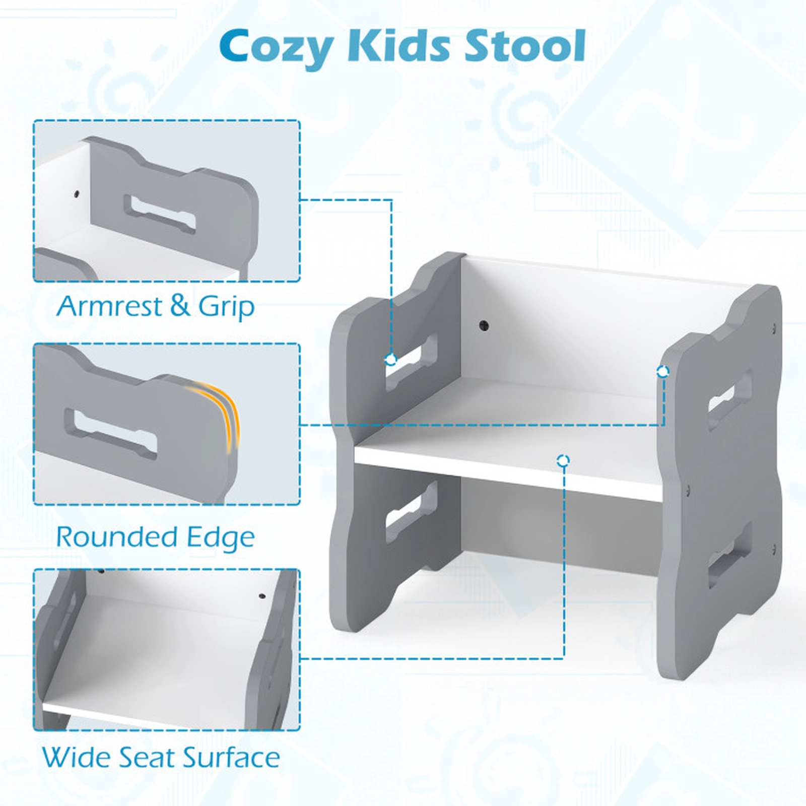 SUGIFT 3-Piece Toddler Study and Activity Table Set with 2 Stools 77-lb Capacity MDF 27-in Desk Gray/Natural