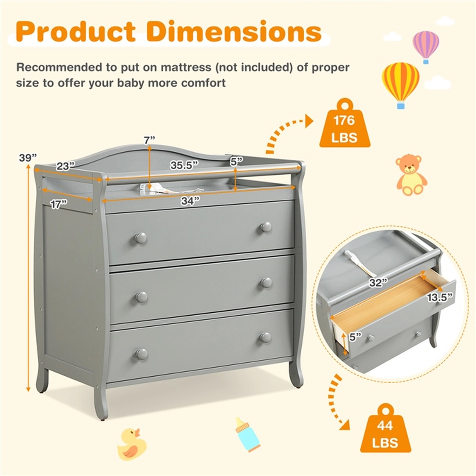 SUGIFT Baby Changing Table with 3 Drawers Safety Belt and Solid Wood Legs