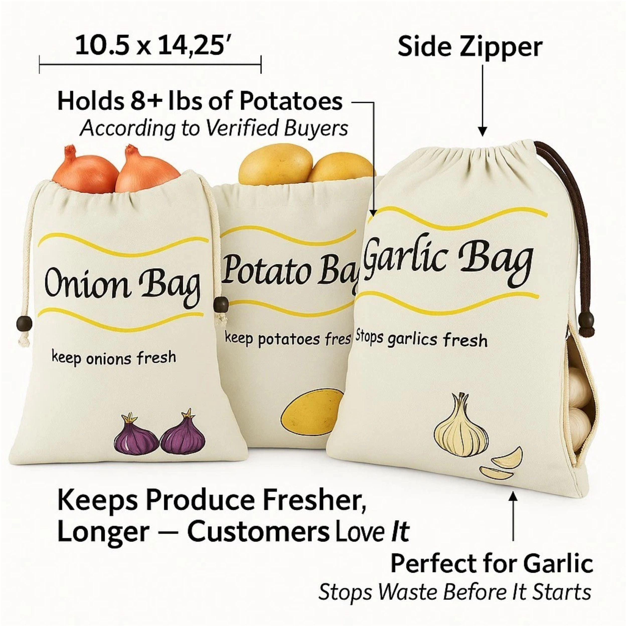 Home Collection Pack of 3 Reusable Onion Potato Garlic Storage Bags